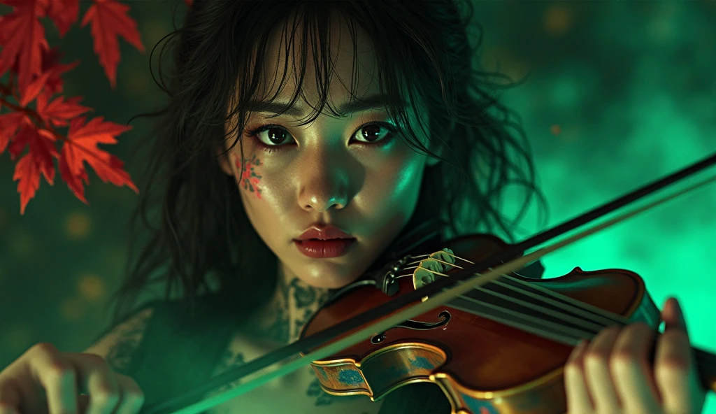 Close up close ???? woman, playing violin, The black silhouette, playing violin, close nela, dark and elegant, of Oiran emerges from the darkness of the night, with a sublime beauty of vibrant red leaves dark green energy, dark green soul, dark green smoke, dark green aura surrounding her. The contrast between deep darkness and vibrant colors creates a striking visual, in ancient China Japanese climate capturing the eyes and hearts of those who contemplate it. close ???? woman with dark green energy, playing violin, Black green around her, fumaça Black green around her, tattoo on arms, playing violin, green energy around her, aura of fire gold , energia, green background pisicodeligo, green fire during the dark night,  scenario war destroyed on the epic empty background , blazing green during the night lots of heavy metal green flames, Abstract Fire Texture Black Background White line of black fire falling horizontally against a black background, preto,  dark matter , meteoros, fragments of chaos , Black flames, medieval war scenario empty face pretty face,extremely detailed,intricate details,eyes extremely detailed, high detailed eyes,16k resolution,
realistic humid skin,extremely intricate details, epic realistic ,face anatomically correct,Ultra HD,HDR,
natural skin textures, hyper realism,realistic skin texture, hyper detailed,extremely Realism,Ultra Detailed,body logically correct
