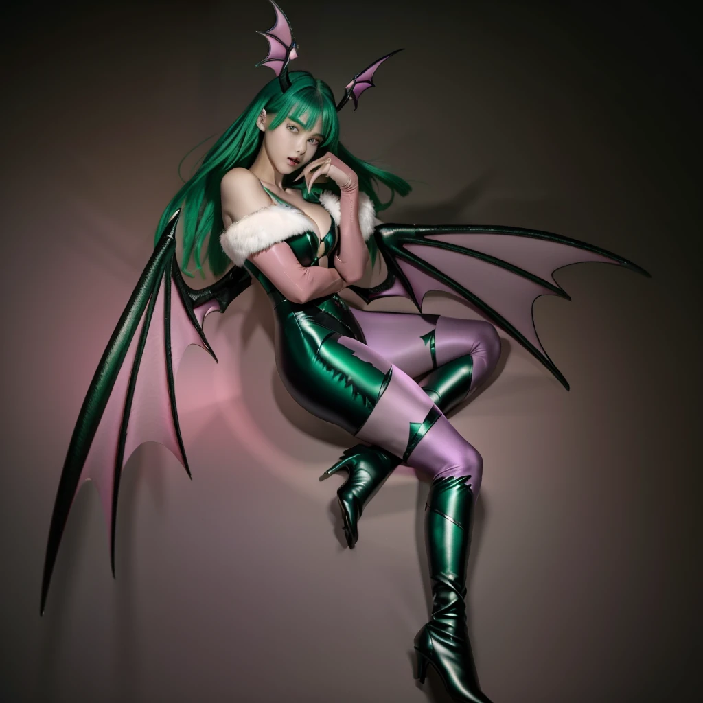 The female character Morrigan Aensland, She's a succubus, she has bright, light green hair, she has light green eyes, black bat wings with purple membranes on the back and two bat wings on the sides of the head, She wears a black swimsuit over light purple skintight pants with purple bat symbol silhouettes, she has white feather plumes from her neckline to her shoulders, shoulders showing, imposing posture, in the background stone ruins, at night in moonlight and with warm lighting.