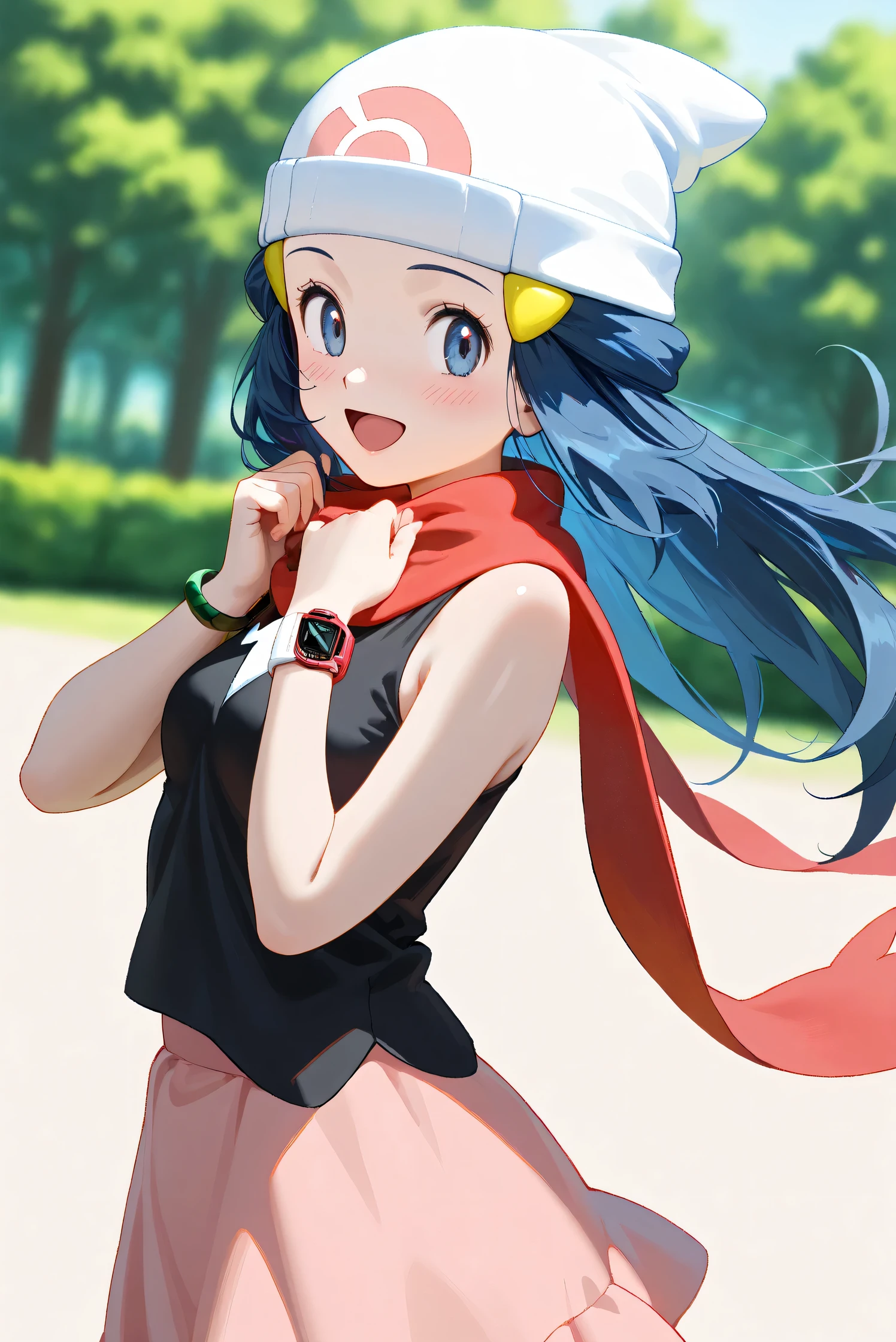 (Masterpiece), (Highest quality), (Very detailed),
(The best shape), (Best Shadow), (Absurd),
(Detailed background), (So beautiful), Shiny ,
Beautiful eyes in every detail, Extraordinary, Countershading, 8k, 32K, High resolution,
Very Detailed CG, UHD,
Score_9, Score_8_up, Score_7_up, Source_anime,
(Pastel painting:1.2), (Watercolor painting:1.2),
(Masterpiece, Detailed:1.2), (Foreshortening:1.2),
Cinematic, Dramatic, (Depth of field:1.4),
(Blurry background:1.4), (Realistic background:1.4),
(Foreshortening:1.3),Dynamic angle, 1 girl,
Outdoor, Nature, Park, Wind,
from side,
Hikari, Pokémon, Anime style,
aadawn, long hair, blue hair, beanie, white headwear, hair ornament, blue eyes, breasts, red scarf, sleeveless shirt, black shirt, wristwatch, bracelet, pink skirt,
Wristwatch on the right wrist,
(Bracelet on left wrist:1.1),
Portrait, Focus on face, (Close up shot:1.2),
(Blush:1.3), Smile, Happy, Joyful, open mouth,
Shiny skin,