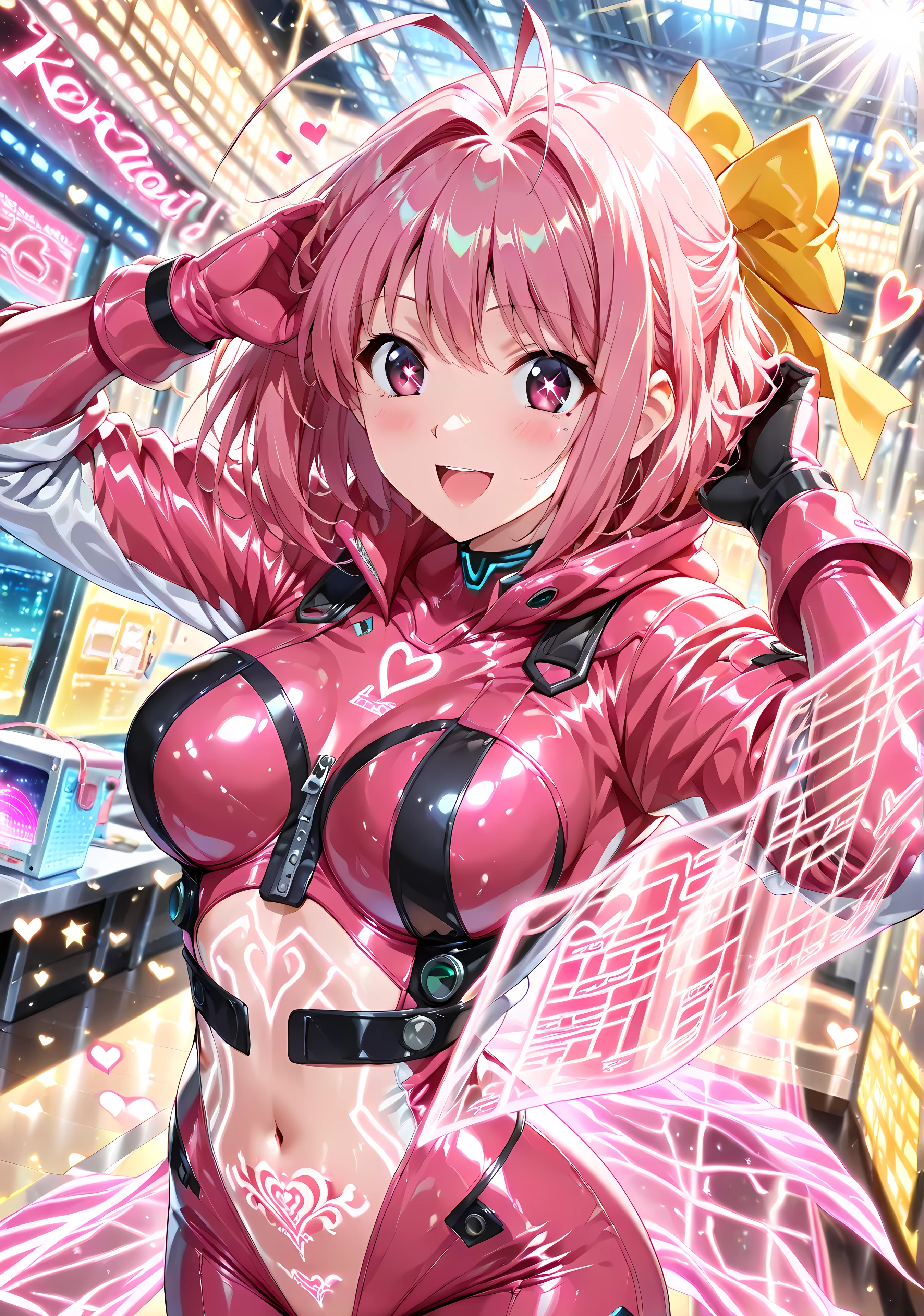 (highest quality:1.2, 4K , 8k , Studio Anime , Very detailed , up to date , Vibrant , High detail , High Contrast , masterpiece:1.2, highest quality , Best aesthetics) , (((1 girl))) , nakagawa_kanon ,kanon nakagawa, (solo), short hair, pink hair, yellow hair bow, pink eyes, star-shaped pupils, antenna hair, Stand and pose , She is a sex robot, IDOL , idol body suit , Cyber Suit:1.2 , cyberpunk Idol suit :1.4 , holographic Bodysuits , Blushing:1.2 , smile , Dynamic Angle , Dutch Angle:1.3 , holographic, Sexual atmosphere., Friendly atmosphere , pubic tattoo, womb tattoo, Precision and focus , Striking contrast, lens flare,beautiful detailed glow,dynamic angle,depth of field,light_leaks,Amazing,finely detail,extremely detailed CG,Original,{sunlight},{{an extremely delicate and beautiful}},glowing,bright, Heart Effects, holographic, Sexual atmosphere sound Effects. Scenery, all around her is Hologram, she is the perfect and ultimate idol