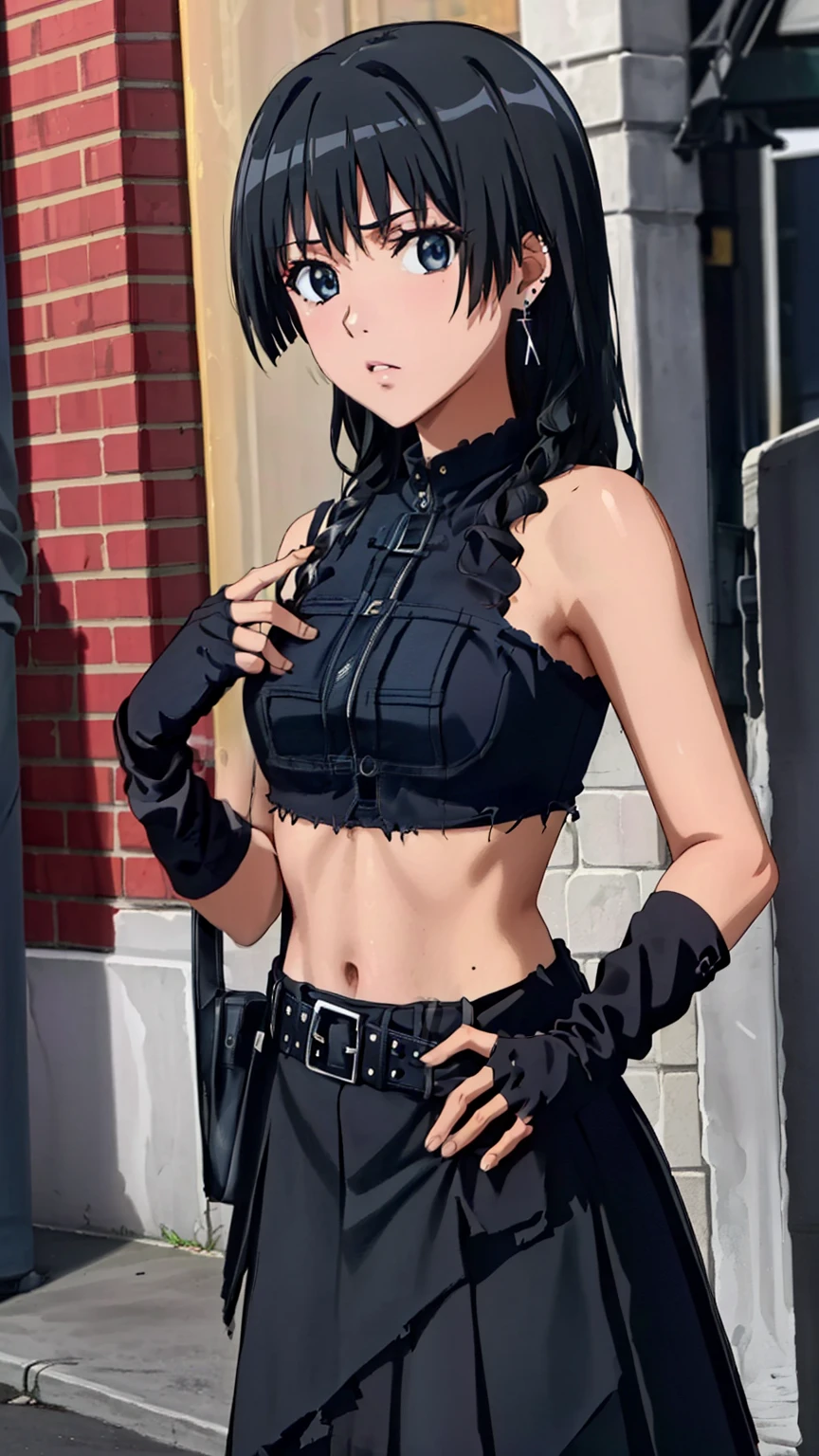 (masterpiece, best quality, high resolution, 8k:1.2), (anime coloring), unity 8k wallpaper, (beautiful detailed eyes:1.2), highly detailed face, perfect lighting, highly detailed CG, perfect hands, perfect anatomy, saten ruiko, 1 girl, young woman, bearish sentiment, (black hair:1.1), bangs, (black eyes), (slim body), (medium breasts), nffsw, (street rock fashion, (black clothes:1.3), ripped skirt, fingerless gloves, belt, earrings, heavy makeup, street corner), (dutch angle), looking at the viewer,