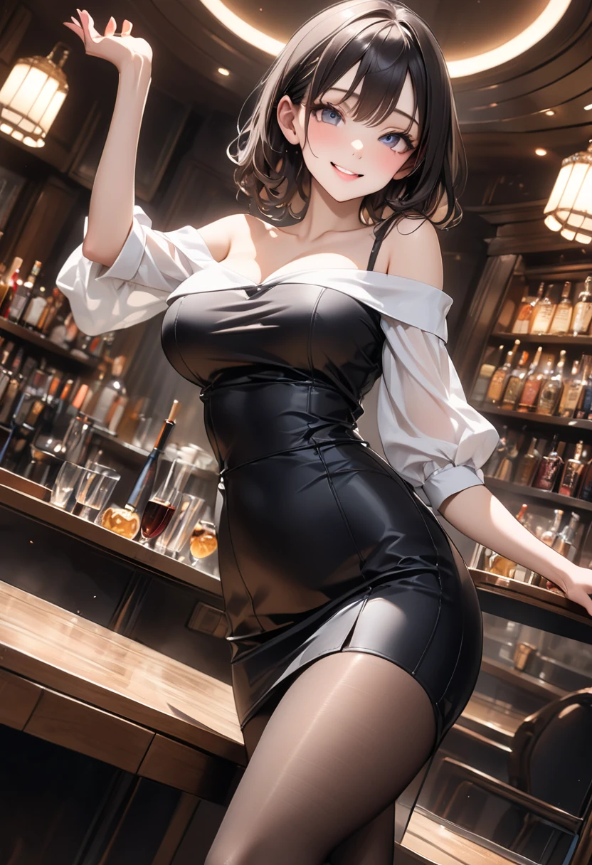 enjoy drinking alcohol in mouth, in the night bar and many dishes on the table, one brown bob hair woman tipsy, bigboobs, glasses, (sexy::1.4) smile, Finished work.