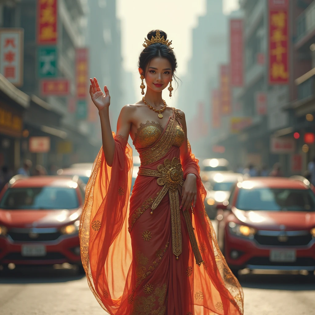 (solo, ), (night),wearing a (Javanese Traditional Dress:1.5),running,straight-on,seductive smile,long dark hair,(full body:1.1), (cyberpunk background:1.2), outdoors,
(rain:1.1, wet, wet hair, ) ,(medium breasts, bouncing breasts),