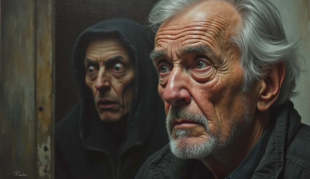 Realistic emotional painting, old man asking "Who are you?", close-up on confused expression. Blurred Clara in the background, emotional contrast.