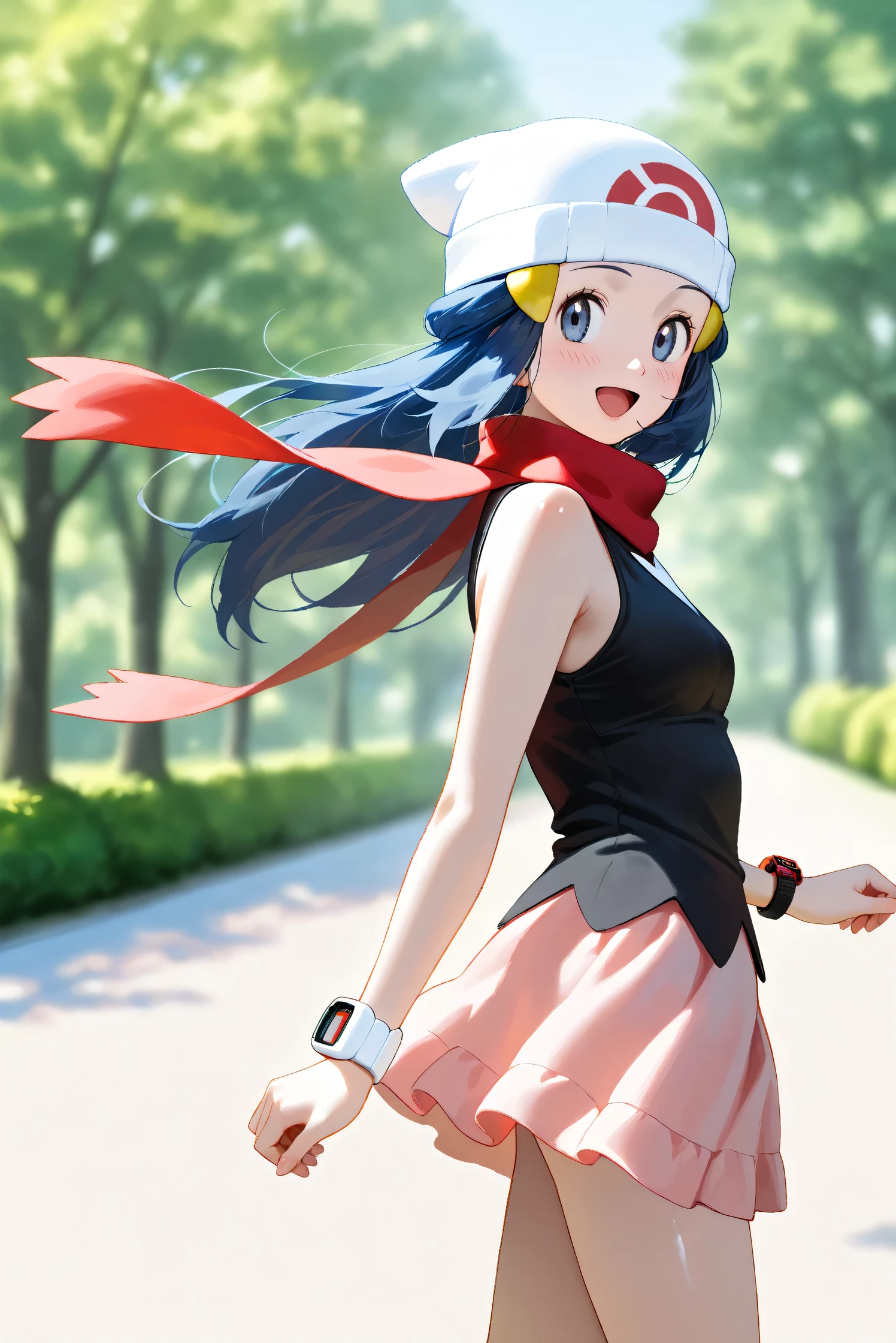 (Masterpiece), (Highest quality), (Very detailed),
(The best shape), (Best Shadow), (Absurd),
(Detailed background), (So beautiful), Shiny ,
Beautiful eyes in every detail, Extraordinary, Countershading, 8k, 32K, High resolution,
Very Detailed CG, UHD,
Score_9, Score_8_up, Score_7_up, Source_anime,
(Pastel painting:1.2), (Watercolor painting:1.2),
(Masterpiece, Detailed:1.2), (Foreshortening:1.2),
Cinematic, Dramatic, (Depth of field:1.4),
(Blurry background:1.4), (Realistic background:1.4),
(Foreshortening:1.3),Dynamic angle, 1 girl,
Outdoor, Nature, Park, Wind,
from side,
Hikari, Pokémon, Anime style,
aadawn, long hair, blue hair, beanie, white headwear, hair ornament, blue eyes, breasts, red scarf, sleeveless shirt, black shirt, wristwatch, bracelet, pink skirt,
Wristwatch on the right wrist,
(Bracelet on left wrist:1.1),
Portrait, Focus on face, (Close up shot:1.2),
(Blush:1.3), Smile, Happy, Joyful, open mouth,
Shiny skin,