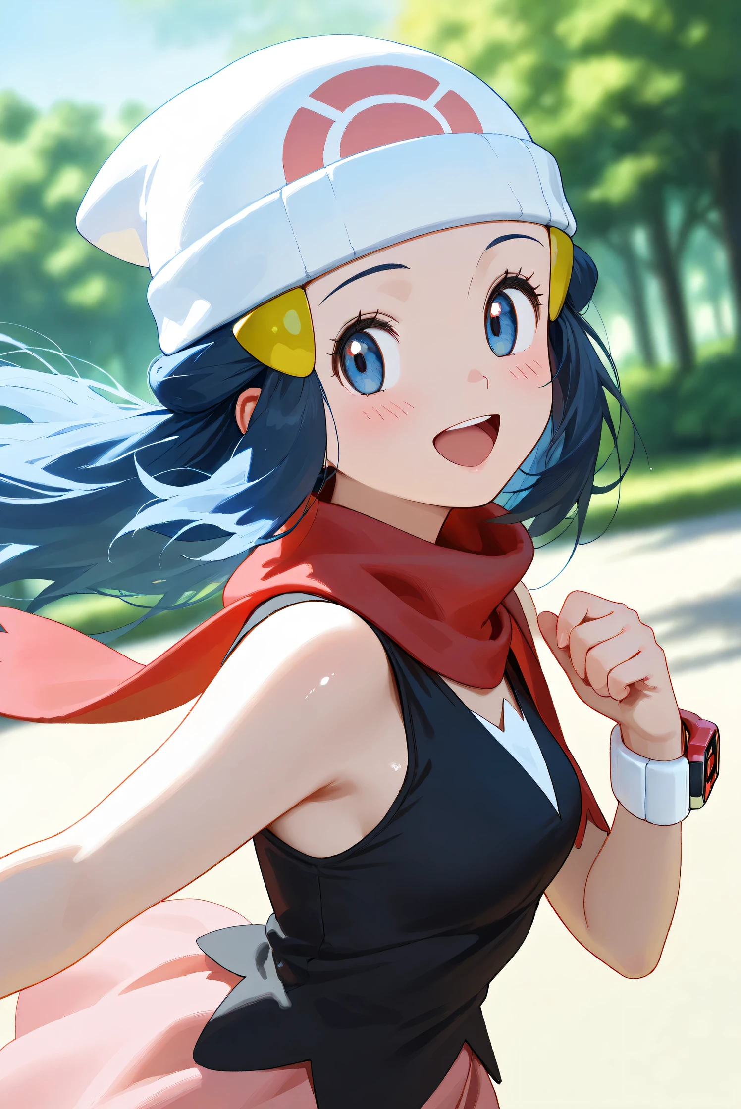 (Masterpiece), (Highest quality), (Very detailed),
(The best shape), (Best Shadow), (Absurd),
(Detailed background), (So beautiful), Shiny ,
Beautiful eyes in every detail, Extraordinary, Countershading, 8k, 32K, High resolution,
Very Detailed CG, UHD,
Score_9, Score_8_up, Score_7_up, Source_anime,
(Pastel painting:1.2), (Watercolor painting:1.2),
(Masterpiece, Detailed:1.2), (Foreshortening:1.2),
Cinematic, Dramatic, (Depth of field:1.4),
(Blurry background:1.4), (Realistic background:1.4),
(Foreshortening:1.3),Dynamic angle, 1 girl,
Outdoor, Nature, Park, Wind,
from side,
Hikari, Pokémon, Anime style,
aadawn, long hair, blue hair, beanie, white headwear, hair ornament, blue eyes, breasts, red scarf, sleeveless shirt, black shirt, wristwatch, bracelet, pink skirt,
Wristwatch on the right wrist,
(Bracelet on left wrist:1.1),
Portrait, Focus on face, (Close up shot:1.2),
(Blush:1.3), Smile, Happy, Joyful, open mouth,
Shiny skin,