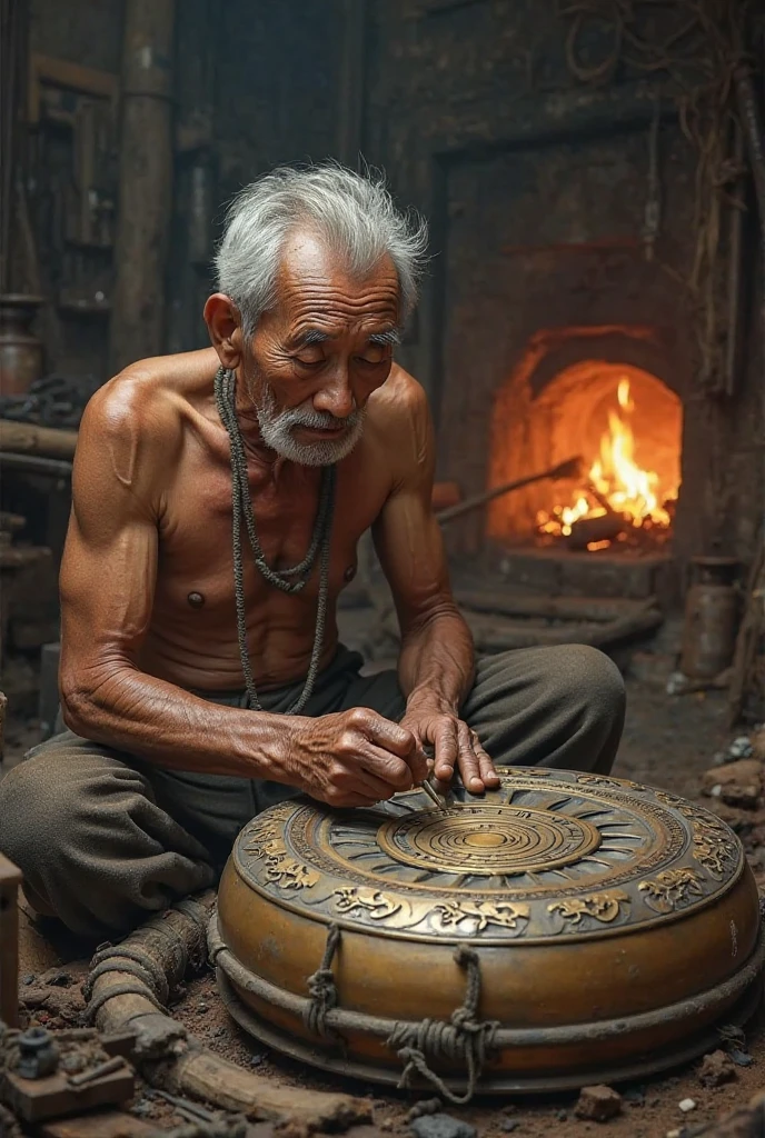 An elderly Vietnamese man, with short silver hair and a deeply wrinkled face, sits hunched over and cross-legged. His upper body is ????, revealing tanned, weathered skin marked by age. Around his neck hangs a simple necklace made of fabric string. His wrinkled, veiny hands are skillfully working: in his left hand he holds a sharp chisel, while his right hand strikes it with a hammer. He is meticulously carving fine details to complete a traditional Đông Sơn bronze drum — a cultural relic of ancient Vietnam. The drum surface features a many-pointed sun pattern at the center, surrounded by Lạc birds flying and human figures pounding rice. The background is filled with blacksmithing and carving tools, with a roaring furnace used for metal casting, all under a smoky, rustic atmosphere.

Highly detailed, historical accuracy, ancient Vietnamese artisan, earthy colors, warm firelight, realistic textures.