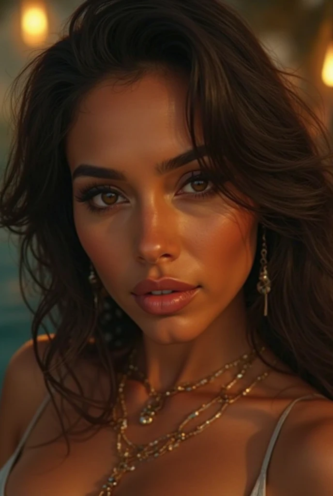 photograph of Arab woman in a revealing Arabic clothing in water, wet hair pulled back, wet jeans, brown skin color, exotic, wet revealing Arabic clothing, soaked, desert oasis, hair slicked back, beautiful symmetrical face, ultra realistic, fashion editorial, elegant, highly detailed, intricate, sharp focus, 85mm, mid shot, (centered image composition), trending on instagram