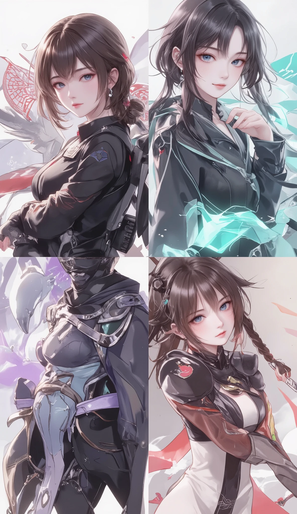 masterpiece, top quality, super res, perfect anatomy, 4 quadrants、The first one is a Showa-style woman、The second one is a woman in combat uniform、The third one is an alien-style woman、and the fourth one is a cyberpunk-esque woman、Please place the characters 、dramatic, dynamic, absurd, metaphysics