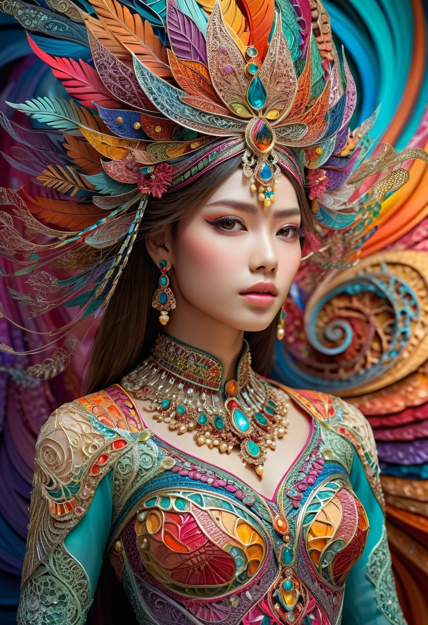 (masterpiece, top quality, top quality, Official Art, beautiful and sophisticated:1.2), (1 girl:1.3), VERY DETAILED,(Fractal art:1.2),colorful,Most detailed,( zentangle :1.2), (dynamic pose), (abstract background:1.5), ( Traditional Dress:1.2), ( Shiny Skin), (Many colors:1.4), upper body