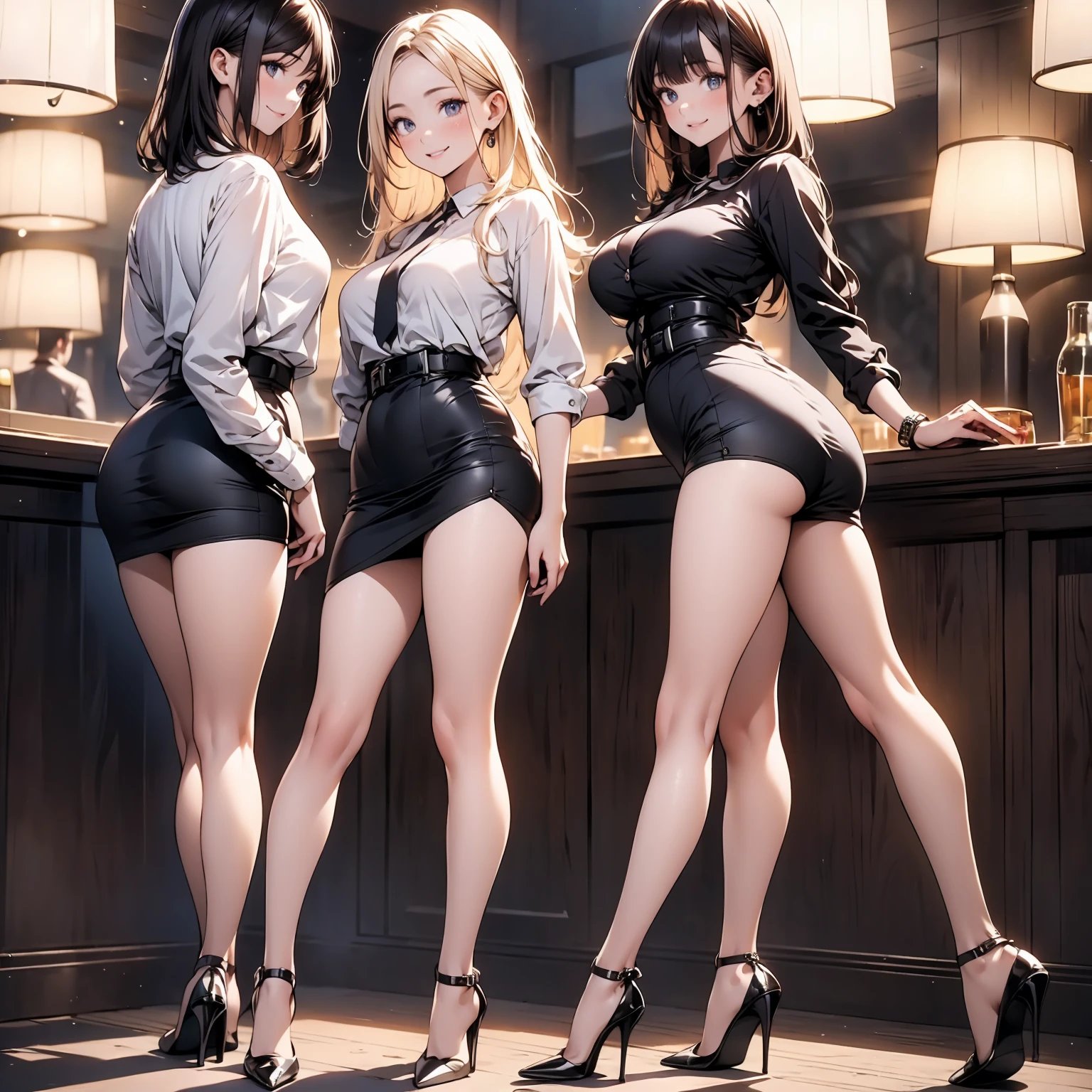 3girls, multiple girls, slender girls, GirlA, GirlB, girl next to girl, cowboy shot, from behind, ass, hugging,
posing, happy smile, teeth, ((standing)), walking, stage,
earrings, necklace, bracelet, lipstick,
4k, masterpiece, top-quality, hi-Res, best quality, absurdres, highly detailed,
BREAK, GirlA, young, doll face,
pixie-cut, ears on view, round glasses,
(huge breasts:1.2), symmetrical breasts, black leather bikini, black leather long gloves, black leather long boots,