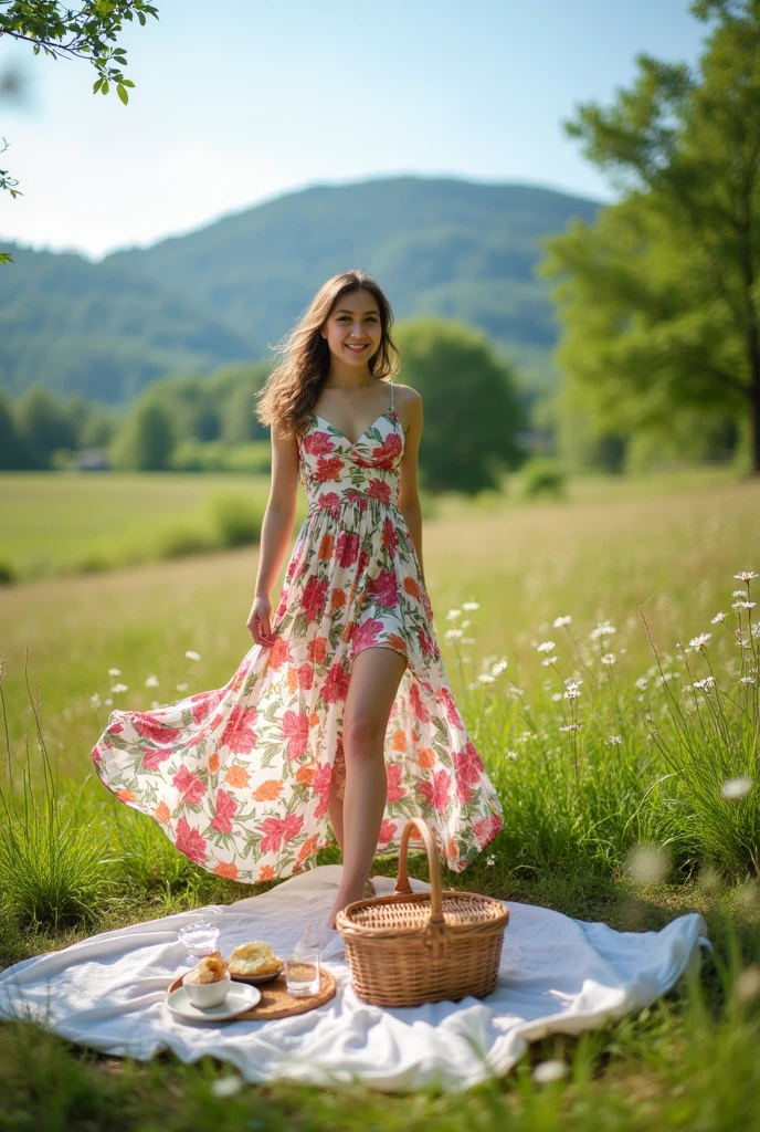 (full figure:1.1,little:0.9,young:1.1),oil painting,detailed brushwork,soft and smooth textures,vibrant colors,impressionistic style,lush green garden,beautiful flowers,butterflies flying around,the girl is standing on a cobblestone path,her face is glowing with happiness,sparkling eyes and a bright smile,long flowing hair gently swaying in the breeze,she is wearing a colorful summer dress,holding a small basket of freshly picked flowers in her hand,the sunlight streaming through the trees creates a magical atmosphere,casting dappled shadows on the ground,the sound of birds chirping fills the air,creating a sense of peacefulness and joy.
