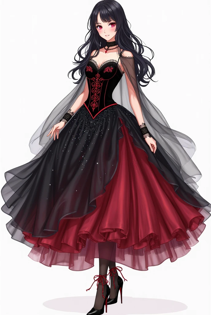 Croque of red-haired girl with long black and red dress full body