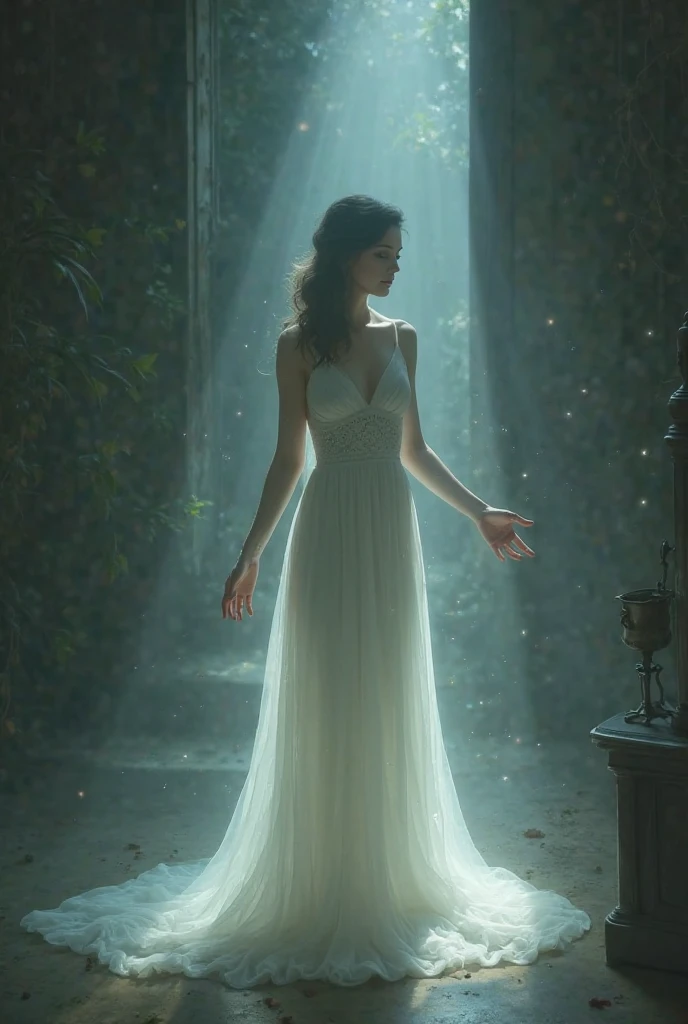 A woman in a white dress in a dream sleeping in the room is standing in the dark and gesturing"