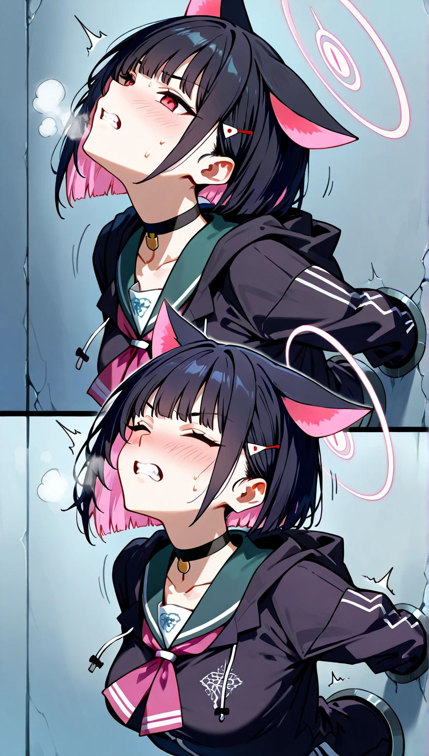 <lora:Animal:0.8>, animal, 1girl, solo, breasts, looking at viewer, open mouth, hair ornament, gloves, jacket, upper body, teeth, black gloves, fingerless gloves, nail polish, fangs, facial mark, bandaid on arm, (masterpiece, best quality:1), <lora:kazusaBlueArchive_v1c:0.8>, kazusa, 1girl, animal ears, colored inner hair, halo, short hair, black choker, black jacket, black pantyhose, green sailor collar, hooded jacket, white skirt, miniskirt, hairclip, pink neckerchief, school uniform, sneakers