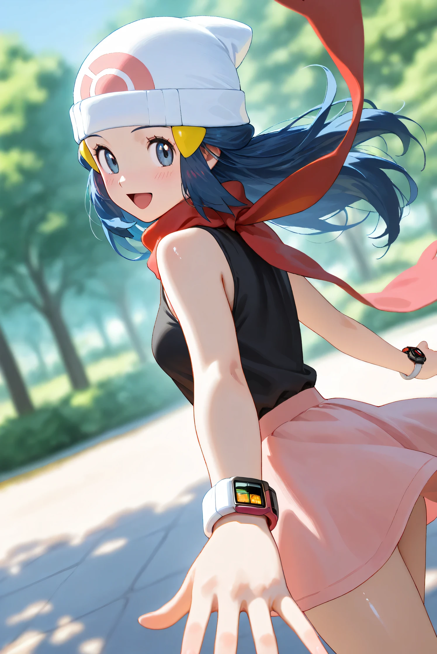 (Masterpiece), (Highest quality), (Very detailed),
(The best shape), (Best Shadow), (Absurd),
(Detailed background), (So beautiful), Shiny ,
Beautiful eyes in every detail, Extraordinary, Countershading, 8k, 32K, High resolution,
Very Detailed CG, UHD,
Score_9, Score_8_up, Score_7_up, Source_anime,
(Pastel painting:1.2), (Watercolor painting:1.2),
(Masterpiece, Detailed:1.2), (Foreshortening:1.2),
Cinematic, Dramatic, (Depth of field:1.4),
(Blurry background:1.4), (Realistic background:1.4),
(Foreshortening:1.3),Dynamic angle, 1 girl,
Outdoor, Nature, Park, Wind,
from side,
Hikari, Pokémon, Anime style,
aadawn, long hair, blue hair, beanie, white headwear, hair ornament, blue eyes, breasts, red scarf, sleeveless shirt, black shirt, wristwatch, bracelet, pink skirt,
Wristwatch on the right wrist,
(Bracelet on left wrist:1.1),
Portrait, Focus on face, (Close up shot:1.2),
(Blush:1.3), Smile, Happy, Joyful, open mouth,
Shiny skin, looking back,