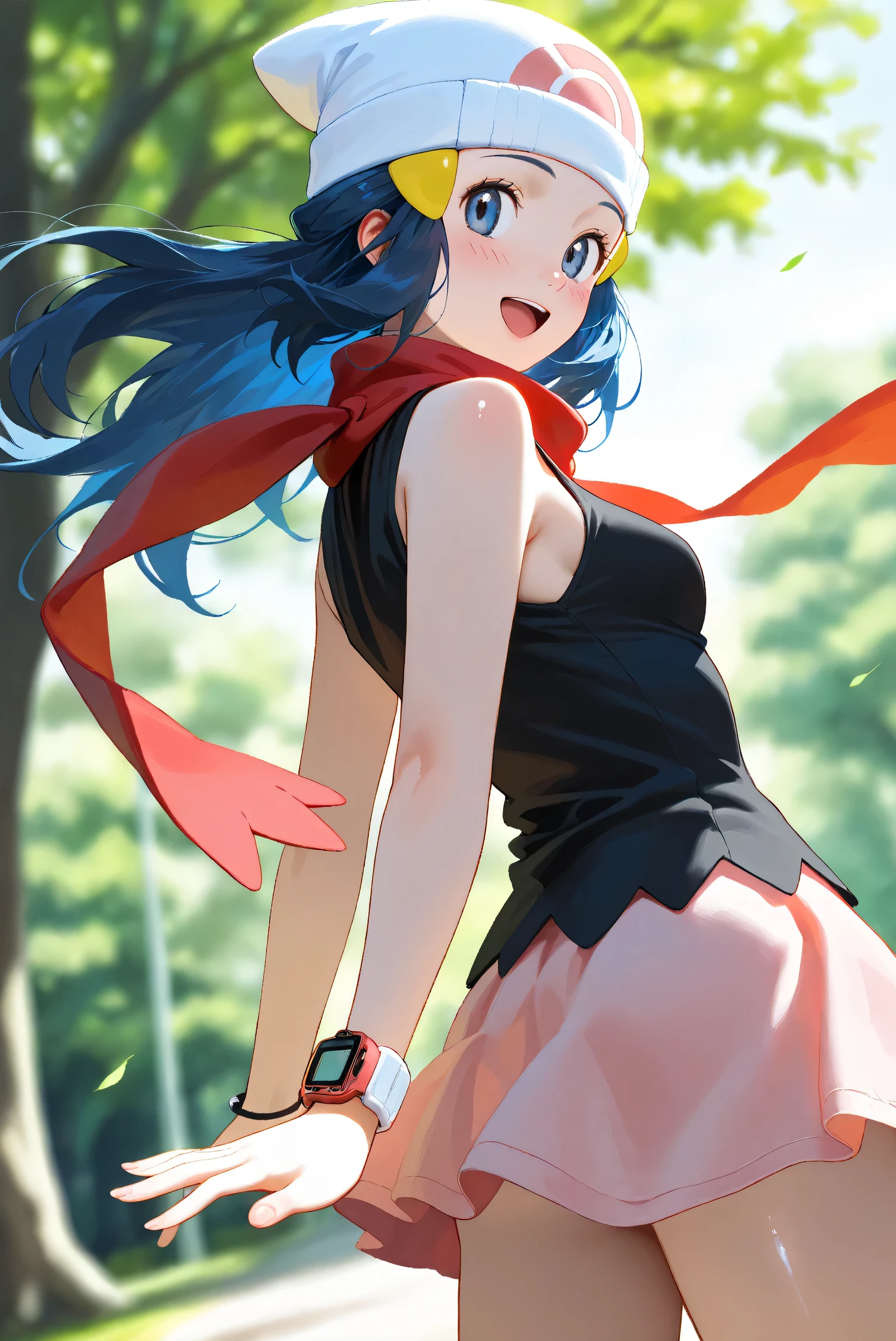 (Masterpiece), (Highest quality), (Very detailed), 
(The best shape), (Best Shadow), (Absurd), 
(Detailed background), (So beautiful), Shiny , 
Beautiful eyes in every detail, Extraordinary, Countershading, 8k, 32K, High resolution, 
Very Detailed CG, UHD,

Score_9, Score_8_up, Score_7_up, Source_anime, 
(Pastel painting:1.2), (Watercolor painting:1.2),
(Masterpiece, Detailed:1.2), (Foreshortening:1.2),

Cinematic, Dramatic, (Depth of field:1.4),
(Blurry background:1.4), (Realistic background:1.4),
(Foreshortening:1.3),Dynamic angle, 1 girl,
Outdoor, Nature, Park, Wind,
from side,

Hikari, Pokémon, Anime style,
aadawn, long hair, blue hair, beanie, white headwear, hair ornament, blue eyes, breasts, red scarf, sleeveless shirt, black shirt, wristwatch, bracelet, pink skirt,
Wristwatch on the right wrist,
(Bracelet on left wrist:1.1),

Portrait, Focus on face, (Close up shot:1.2),
(Blush:1.3), Smile, Happy, Joyful, open mouth,
Shiny skin, looking back,