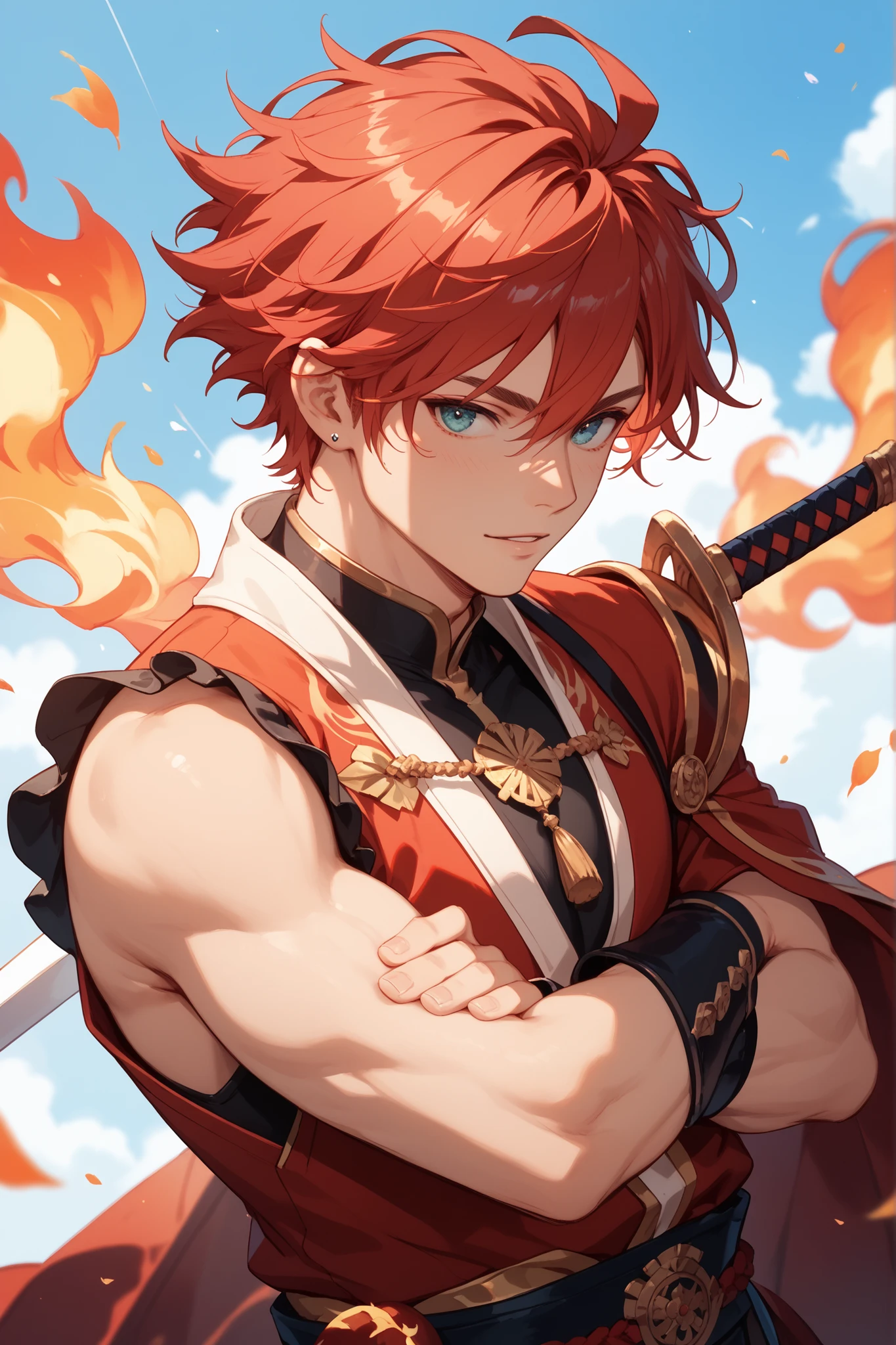 anime screenshot, very beautiful detailed anime face and eyes, incredibly detailed, whole body, 
boy, , cute, Under 10 years old, whole body, redhead, short hair, expression of anger, muscular, pale and tanned skin, (nipple), (Sengoku era armor), (have a sword), (battlefield), (Blood) wet body), (Body with many scars), (high resolution), (High precision)
