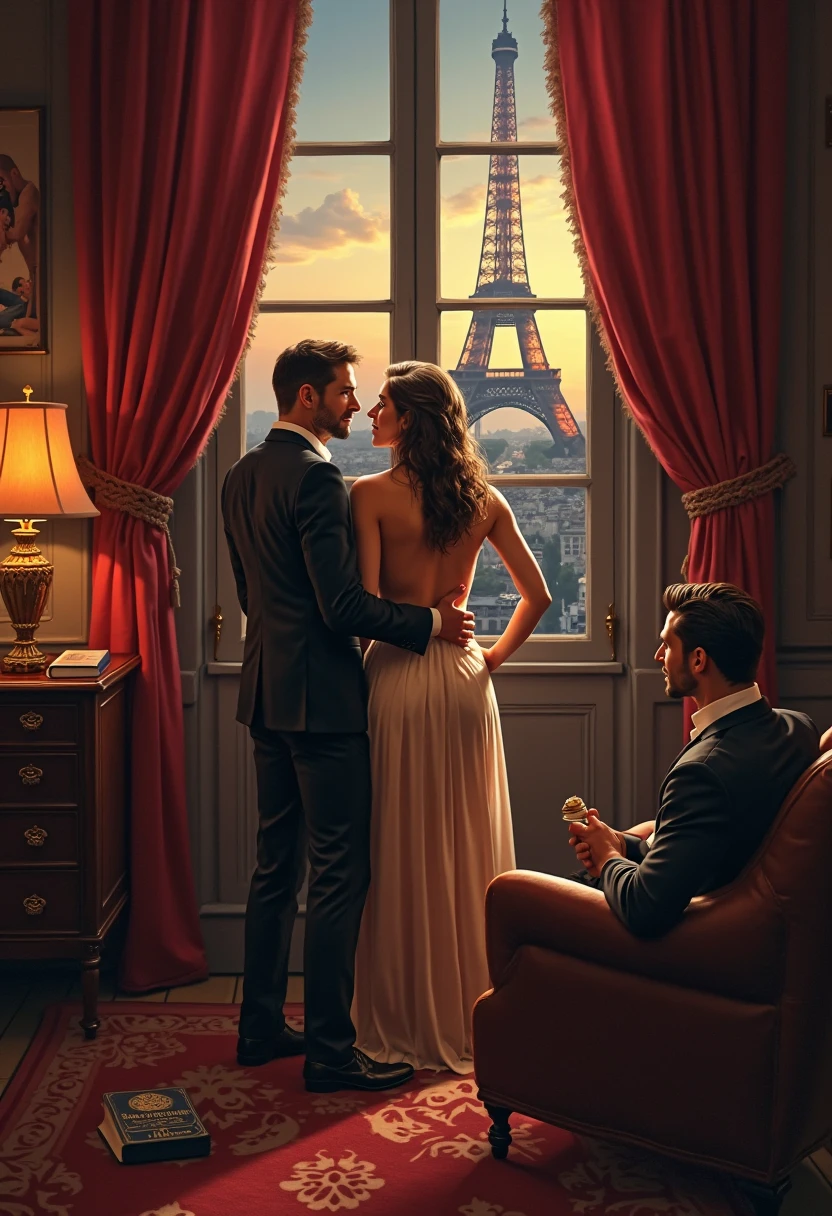
The scene shows a beautiful woman with nice curves and long wavy hair and two men,  Christophe and Lucien, and Ariane sitting in an opulent bedroom in a luxurious Parisian hotel room. The room is warmly lit and offers a breathtaking view of the Eiffel Tower. The two men are in tense expectation, their bodies bent slightly forward, as they await your decision. Christophe has a gentle, convincing posture and lets his fingers slide tenderly over their breasts and legs, while Lucien gets excited from his armchair with a mischievous smile Look at you, his eyes full of desire. The atmosphere is filled with suppressed excitement and rivalry between the two Accepts men's, vying for your affection.

The warm Parisian dusk fills the room with a golden glow, während Christophe and Lucien Ihre Aufmerksamkeit mit hungrigen Blicken auf sich ziehen. The rivals sit as if spellbound on the lush bed, her bodies tense. There is a book on the floor called; The Forbidden Dreams of Paris, and some Brife with the same title Fly in Space