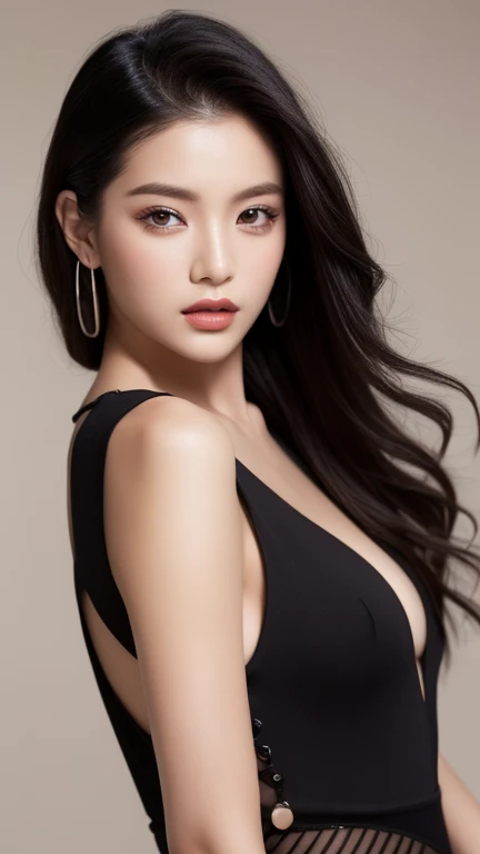 soldier suit girl, gun, superlative, masterpiece, seduction, full body, heavy makeup, hair ties, slightly open mouth, big eyes, glossy, very pretty face, slender waist, sex pack