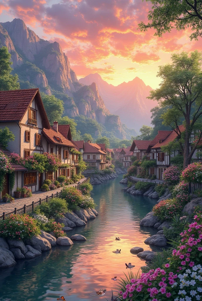 A small village by the river, mountains in the background, colorful flowers, detailed landscape style, beautiful natural scenery, atmospheric lighting,  scorching sunset ,  warm colors, practical, photographic, detailed foliage, complex buildings , cobblestone street, charming country house, vibrant colors, lush vegetation, reflections in the water, pitoresco, idyllic, work of art, Best Quality, 8k, extremely detailed, anime style