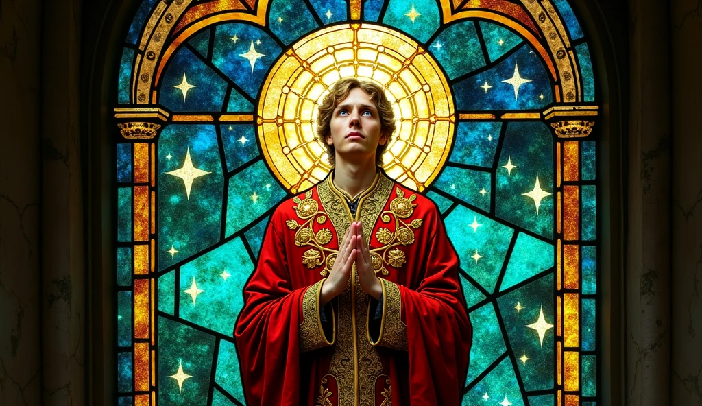 The image depicts an intricately crafted stained glass panel in a Gothic style, with a central celestial architect figure adorned in ornate gold and crimson robes orchestrating a delicate interplay between atomic structures and flowing soul forms, surrounded by a background of fragmented glass pieces that simulate a star-lit cosmic sky in deep blues and emerald greens, framed by thick medieval lead lines and softly radiant light that highlights the textured vibrancy of ancient glass.