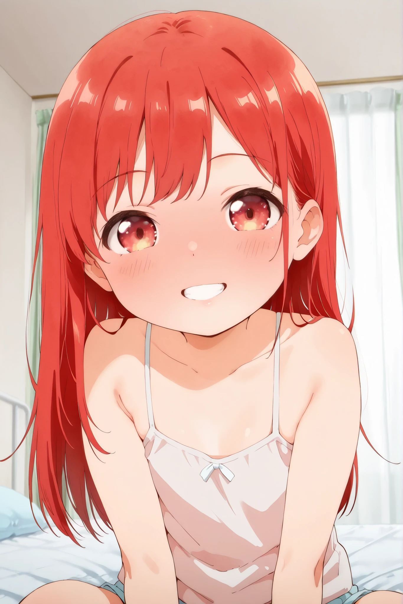 (close up of face:1.5),upper body shot,1 girl,solo,red hair,long hair straight hair,grin,smile,nsfw, light red camisole,blush,red eyes,full face blush,,open mouth,sitting on the bed,curtain room,looking at viewer,toddler body ,v sign