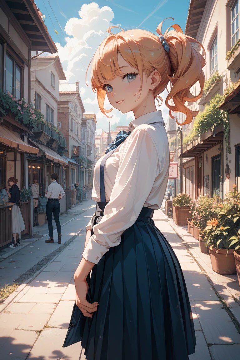 Anime standing picture and composition of a short, long-haired high school girl