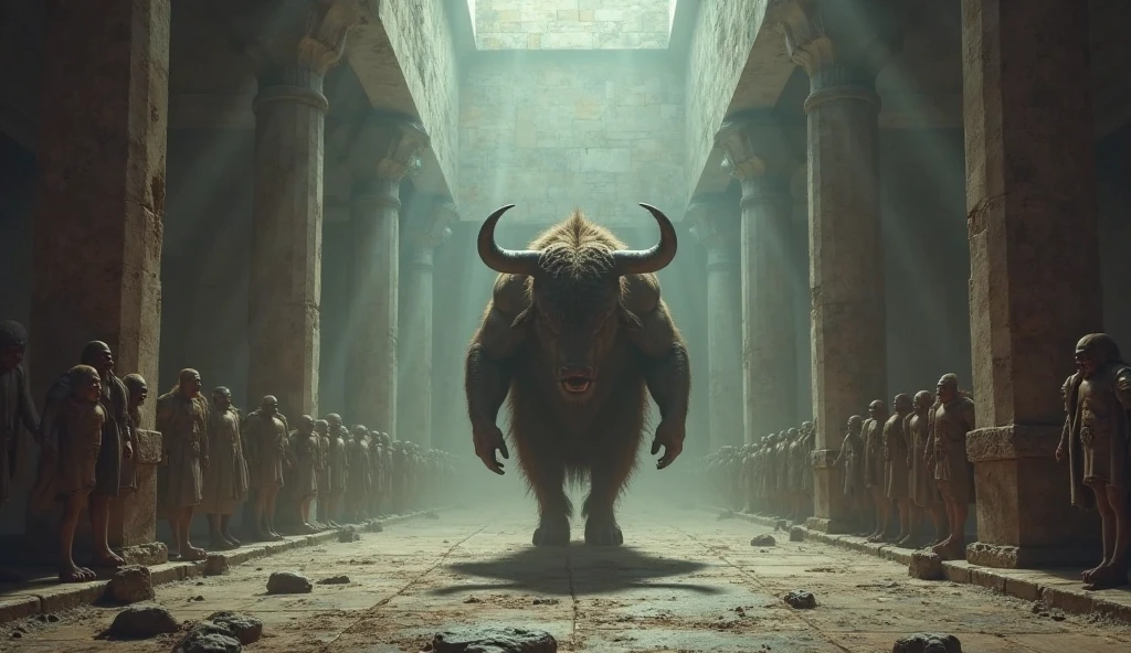 Create a scene from the (((legend of the Minotaur in the labyrinth of Knossos2))). Show the Minotaur, a creature (((half man, half bull2))), in the midst of an [intricate maze1.5], with mythological figures and symbolic elements that reflect the rich storytelling tradition of the Minoan Civilization.