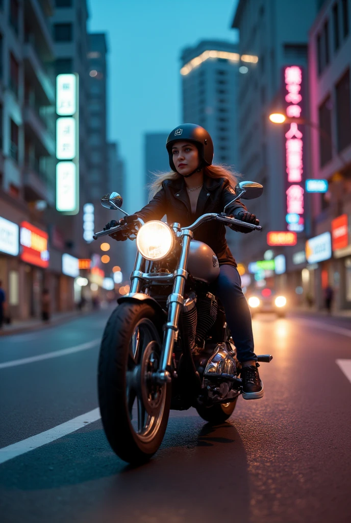 (Masterpiece, Realistic, Original,: 1.4), (Extremely Complex: 1.2), Close-up, Cinematic Light, Side Light, Ultra High Resolution, Best Shadow, RAW, 1 Girl, Angel, Full Body Shot, Riding a Motorcycle, City, Road