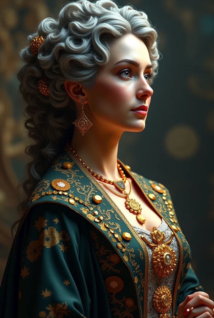 SupermHyperrealistic portrait of Helena Blavatsky in side profile, capturing her distinctive features: strong defined nose, round face, thoughtful expression, and deep, penetrating eyes. She has wavy gray hair styled elegantly, reflecting her Victorian roots. Dressed in elaborate, luminous robes with intricate designs, adorned with mystical symbols and jewelry that signify her spiritual authority. The background is softly illuminated, emphasizing her wise presence. High detail, 8k resolution, showcasing her serene yet powerful demeanor, combining historical accuracy with an aura of majesty and enlightenment."an e Batman em arte lego, noite