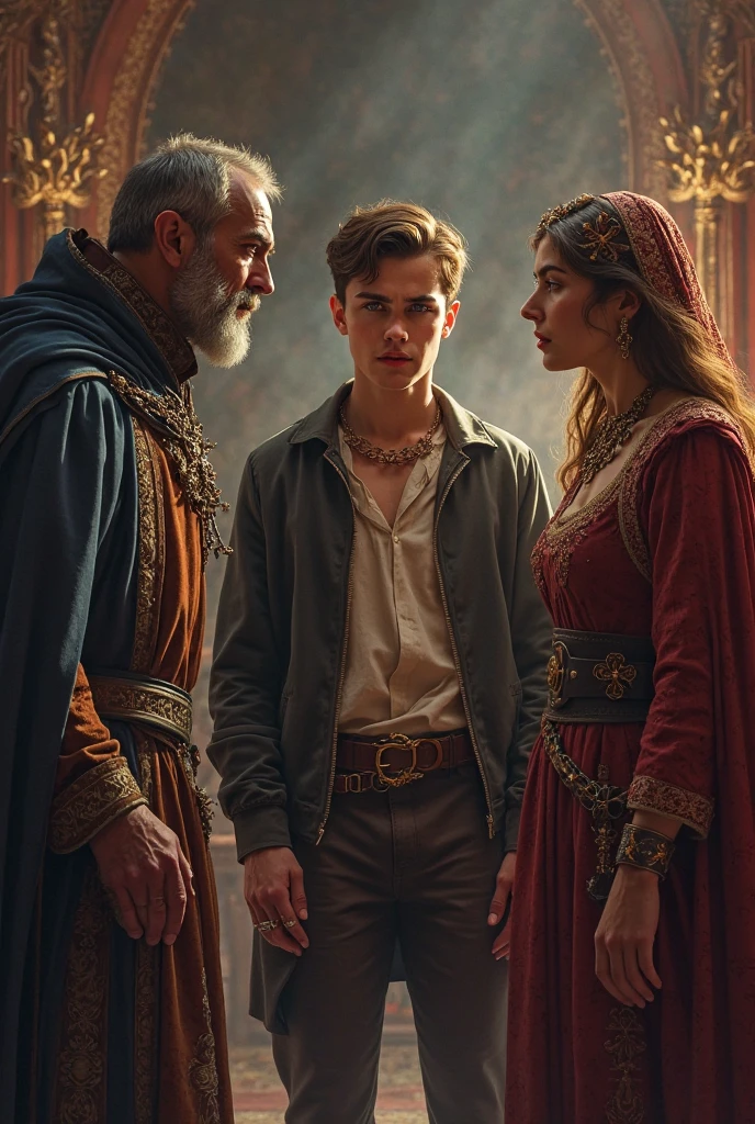 The son arguing with his father and stepmother in the medieval era with the 3 adults