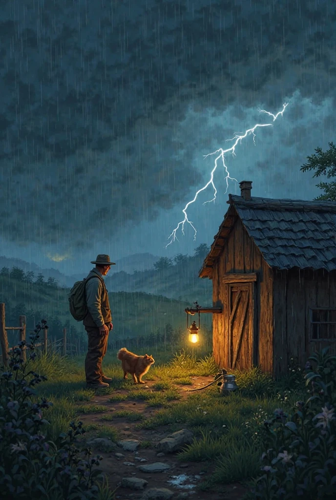 Cat helped the farmer to found his chicken instormy night