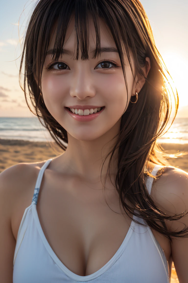 (highest quality,4K,High resolution,masterpiece:1.2),Super detailed,Physically based rendering,Professional,bright colors,portrait,soft lighting,warm tones,innocent smile,rosy cheeks,ponytail hairstyle、off shoulder top,spring,transparent white clothes,return,gentle lighting、Cherry blossoms fall、springの海、Seagulls fly、gush、springコーデ、bright smile、Orange sunset
