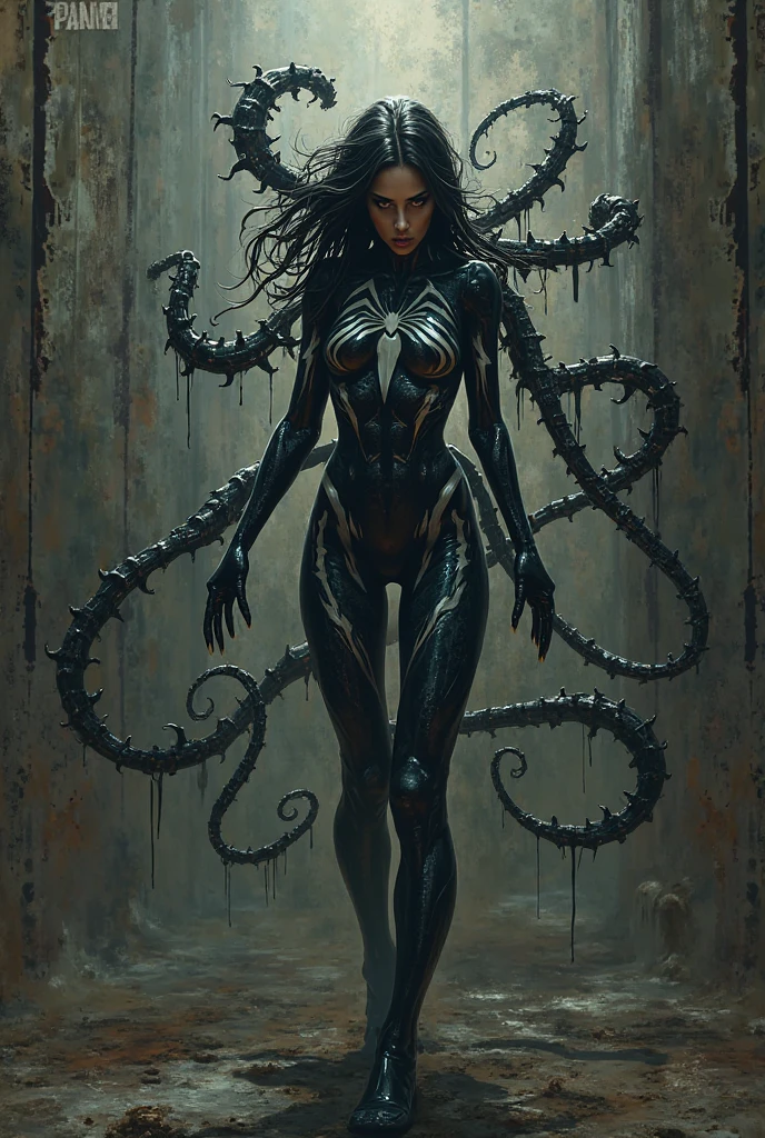 In a dimly lit, mist-shrouded cave, a behemoth of symbiotic slime emerges from the shadows. Its vibrant black skin glistens with an eerie sheen as white streaks flow around the body, tendrils are amorphous. The masterpiece of an 8K anime-style illustration features the monstrous subject in a dynamic pose, its tendrils and appendages tangled in a twisted mad display, Ultra-detailed textures and lighting effects bring this nightmarish scene to life with uncanny realism.