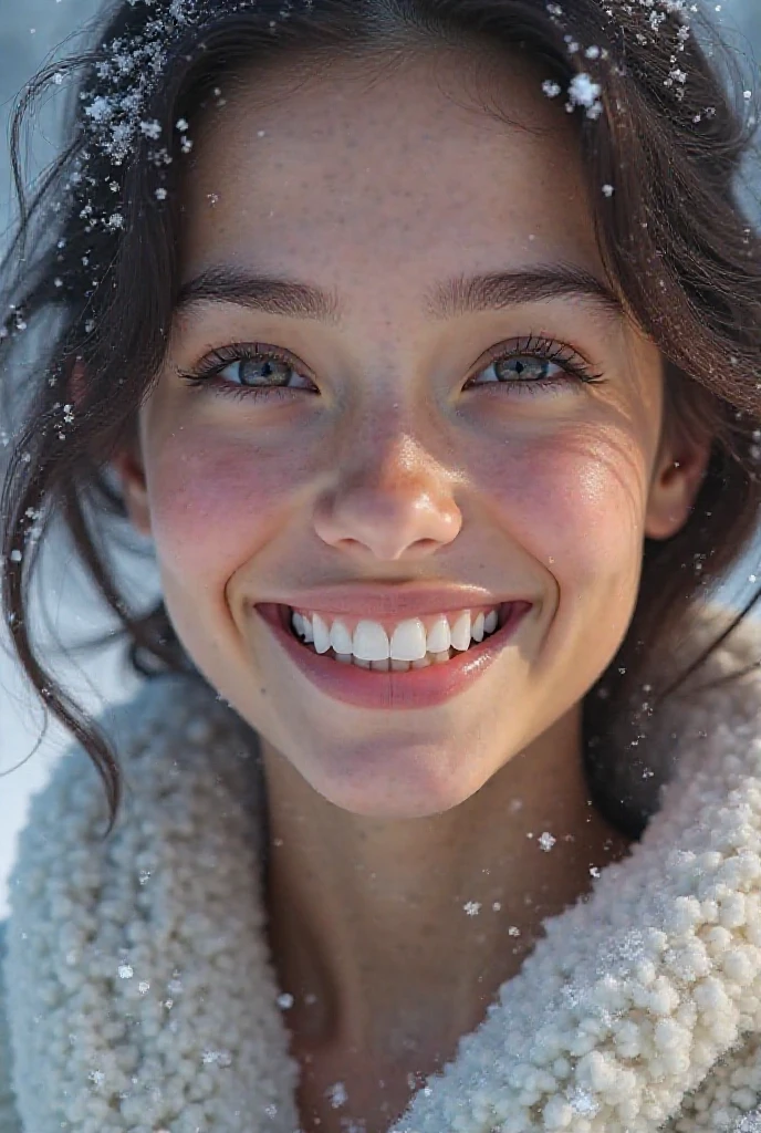 close-up portrait of beautiful smiling woman with freckles, snow-covered mountain, full body, 16mm, 35mm, vivid colors, high quality, white balance, kodak film, high detail