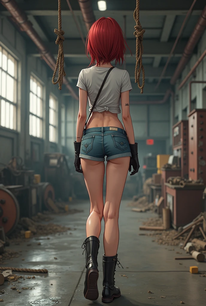 Realistic, shaded, photorealism, high quality, single Beautiful girl, redhead,, messy hair, glasses, thick thighs and thick skirt with a tanktop, garter belt, psychopath expression and psychotic big smile, clothes with blood stains and dirt, dark environment