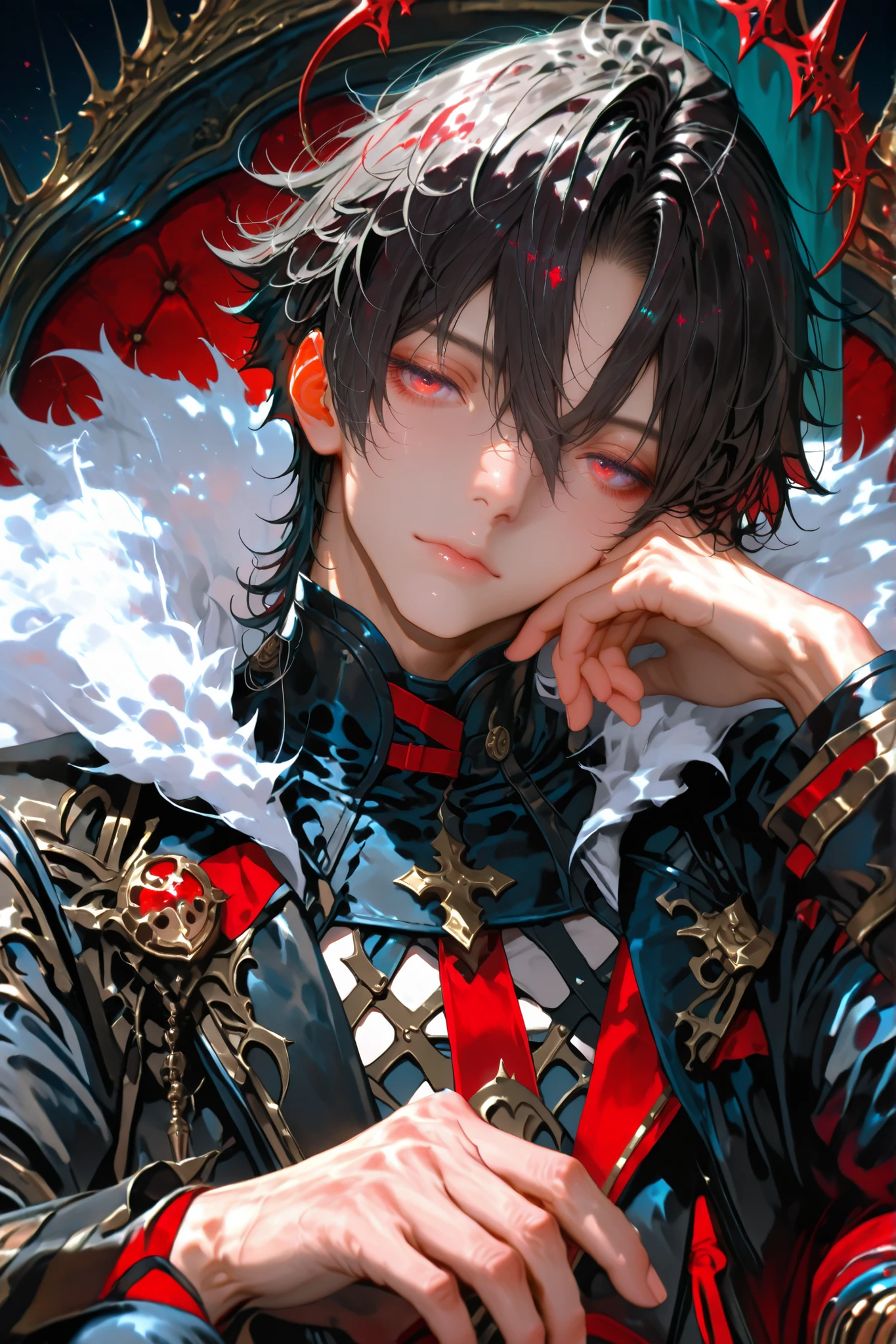 masterpiece, best quality, (Detailed Eyes: 1.2), boy, fantasy, red eye, black hair, semi realistic, black medieval suit with crimson color accessories, looking at viewer, emotionless face, solo character, resting him chin on the right hand, upper body, sitting on throne