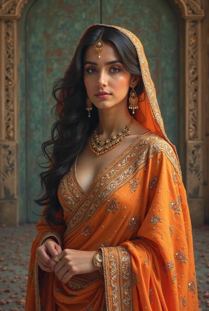 A Pakistani girl fair skin with hijab wearing a ???? saree with deep cleavage blouse in skin color  
