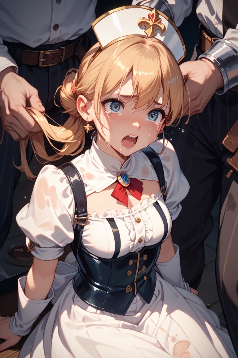 {{Upper Body, Dutch Angle}} {{Artist: moisture_(Chichi)}} 1 female, (There are two guards on either side restraining her.:1.5)、(A man pulls on a woman's clothes:1.5)、Mature Woman, elegant, Princess, Medium chest, Straight hair, Blonde, Long Hair, Hime cut, Blue eyes,(A thin white dress:1.5)、Gold border, tiara, View your viewers,( Displeased face:1.5)、( He was held captive by two men.,:1.5)、Faceless Man, Outdoor