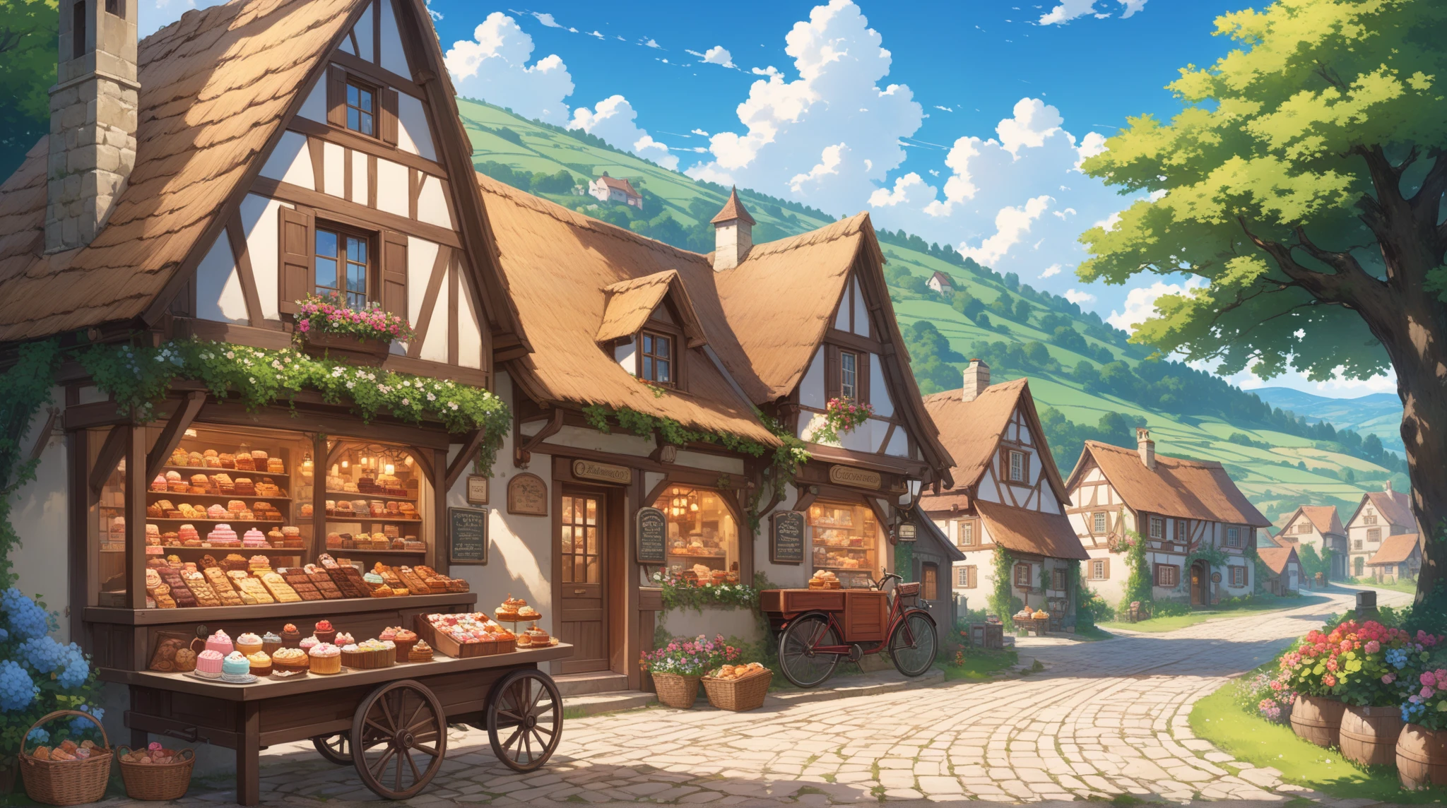 masterpiece, best quality, serene European countryside landscape, early 20th century rural village scene, charming general store next to a large tree, colorful and delicious-looking sweets and pastries clearly displayed beside the entrance, highly detailed desserts such as cakes, cookies, and candies in baskets and trays, vintage wooden façade, cobblestone path, people in period clothing, bicycles parked outside, rustic carts with goods, vast green fields, gently rolling hills, picturesque cottages with tiled roofs, clear blue sky, fluffy white clouds, vibrant colors, lush greenery, blooming flowers, tranquil and nostalgic atmosphere, highres, 4k, 8k, intricate detail, cinematic lighting, amazing quality, amazing shading, soft lighting, detailed illustration, anime style, wallpaper, atmospheric, idyllic, peaceful, breathtaking visual