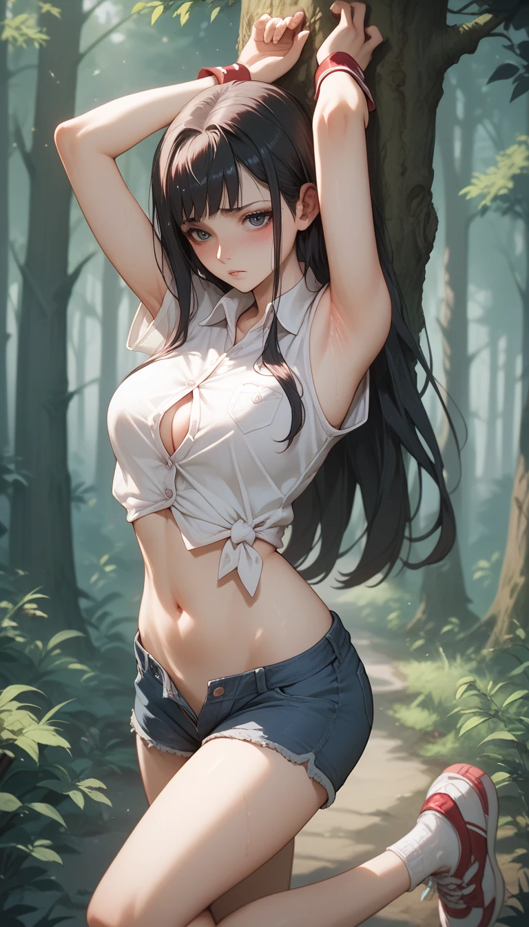 8k, best quality, masterpiece, highly detailed, semi realistic, a girl, a girl, 20 years old, looking at hands, long dark brown hair with bangs, curly hair, green eyes, black Japanese style cut clothes, white pants, bare shoulders, golden details, thin figure, cold expression, battle scenes, outdoors, forest background, with many trees and dark sky