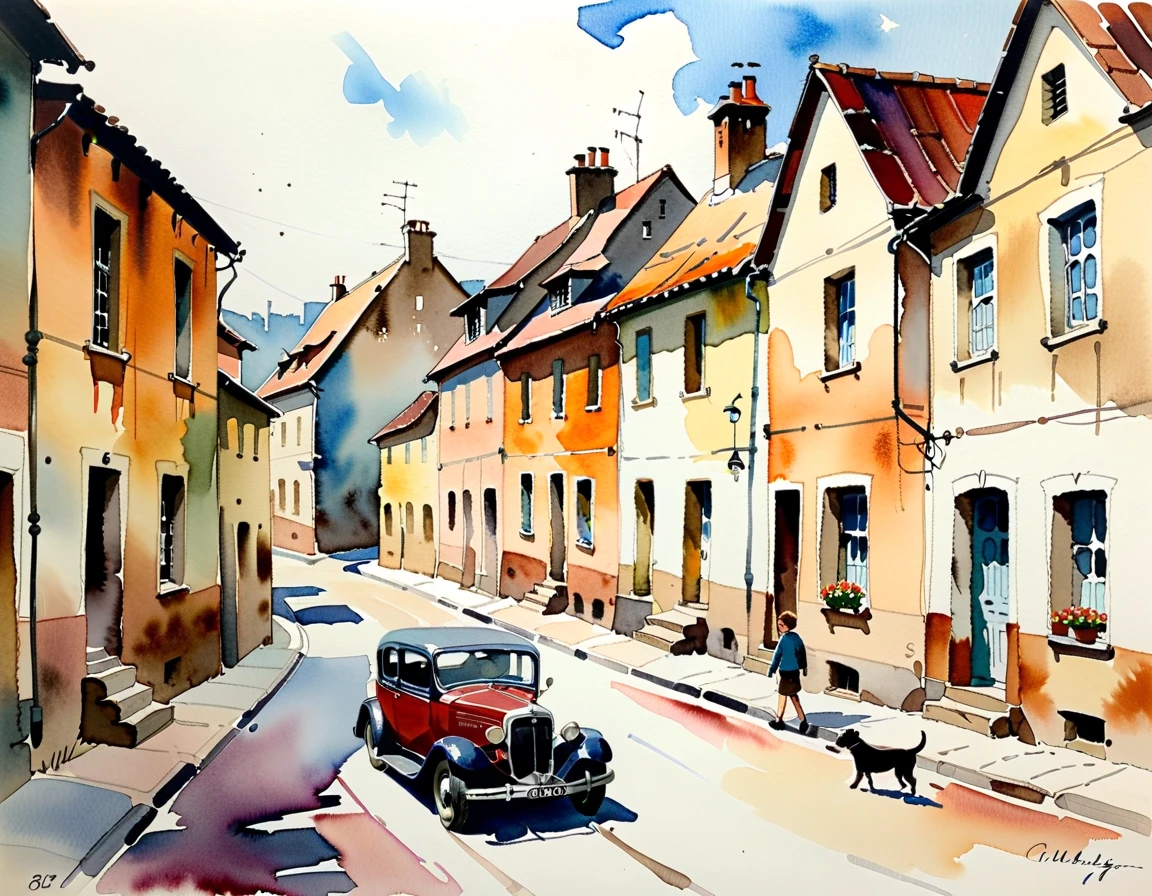 a marquetry work representing a small village with few houses, a boy and a dog on the street and an old car, all simple and beautiful