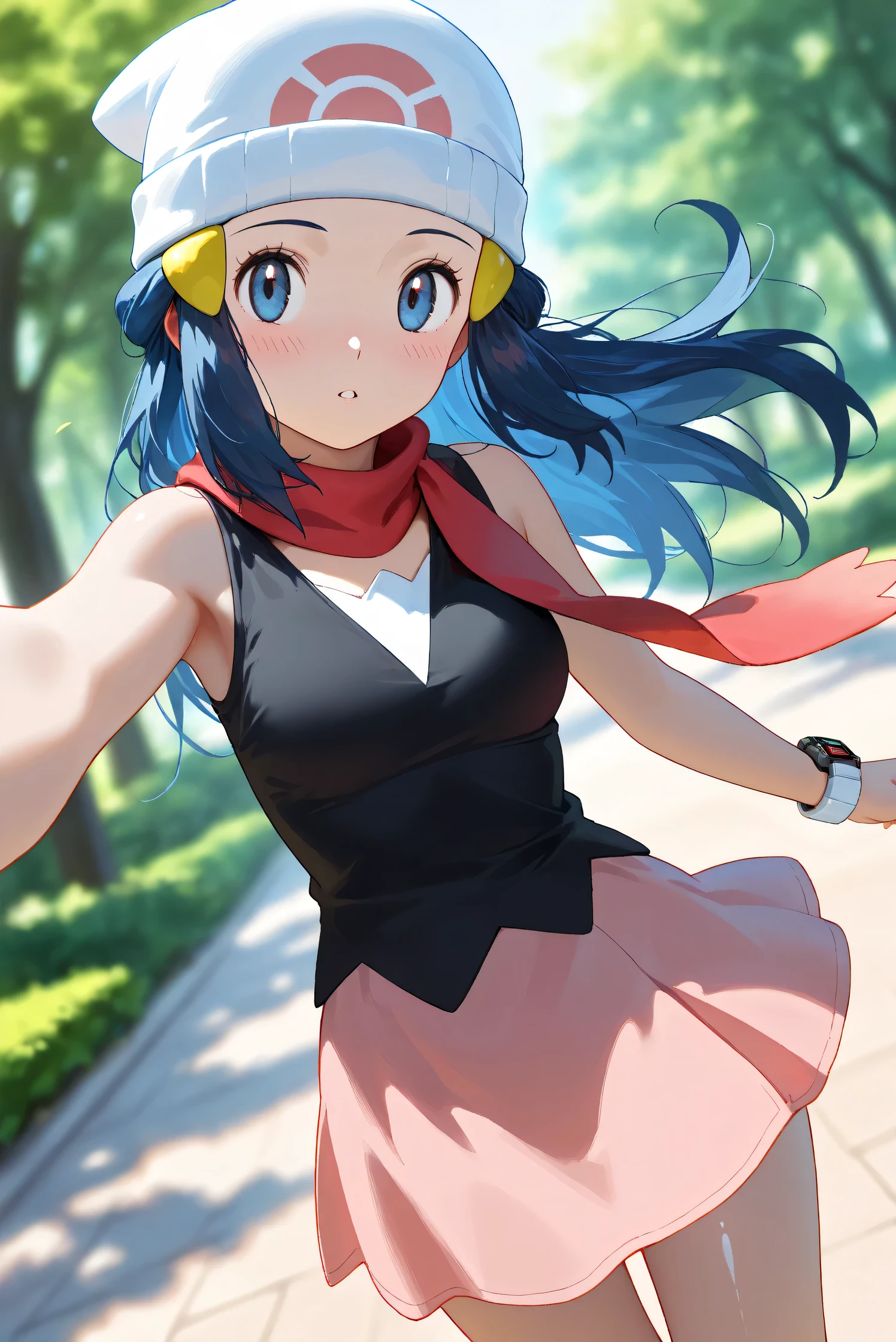 (Masterpiece), (Highest quality), (Very detailed),
(The best shape), (Best Shadow), (Absurd),
(Detailed background), (So beautiful), Shiny ,
Beautiful eyes in every detail, Extraordinary, Countershading, 8k, 32K, High resolution,
Very Detailed CG, UHD,
Score_9, Score_8_up, Score_7_up, Source_anime,
(Pastel painting:1.2), (Watercolor painting:1.2),
(Masterpiece, Detailed:1.2), (Foreshortening:1.2),
Cinematic, Dramatic, (Depth of field:1.4),
(Blurry background:1.4), (Realistic background:1.4),
(Foreshortening:1.3),Dynamic angle, 1 girl,
Outdoor, Nature, Park, Wind,
Hikari, Pokémon, Anime style,
aadawn, long hair, blue hair, beanie, white headwear, hair ornament, blue eyes, breasts, red scarf, sleeveless shirt, black shirt, wristwatch, bracelet, pink skirt,
Wristwatch on the right wrist,
(Bracelet on left wrist:1.1),
Portrait, Focus on face, (Close up shot:1.2),
(Blush:1.3), parted lips,
Shiny skin,