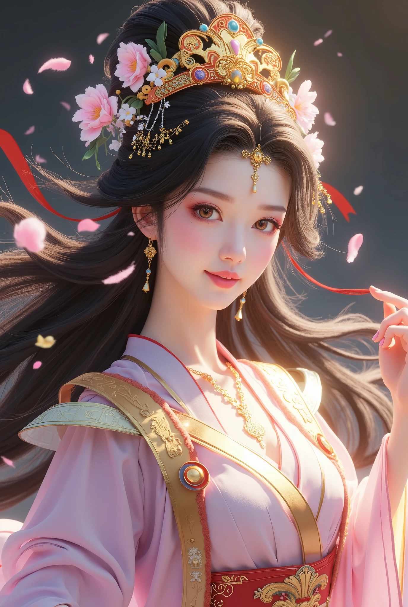 shuimo,Epic CG Masterpiece,
Portrait of a Chinese girl wearing a gorgeous headdress,delicate makeup,gradient background,Clavicle is visible,sexy,Rift,
Smooth skin. gentle smile. The wind blows her long hair,Petals in the air,
dynamic pose, amazing colors ,3D Rendering,movie lighting effect,00 Renderer,0.8