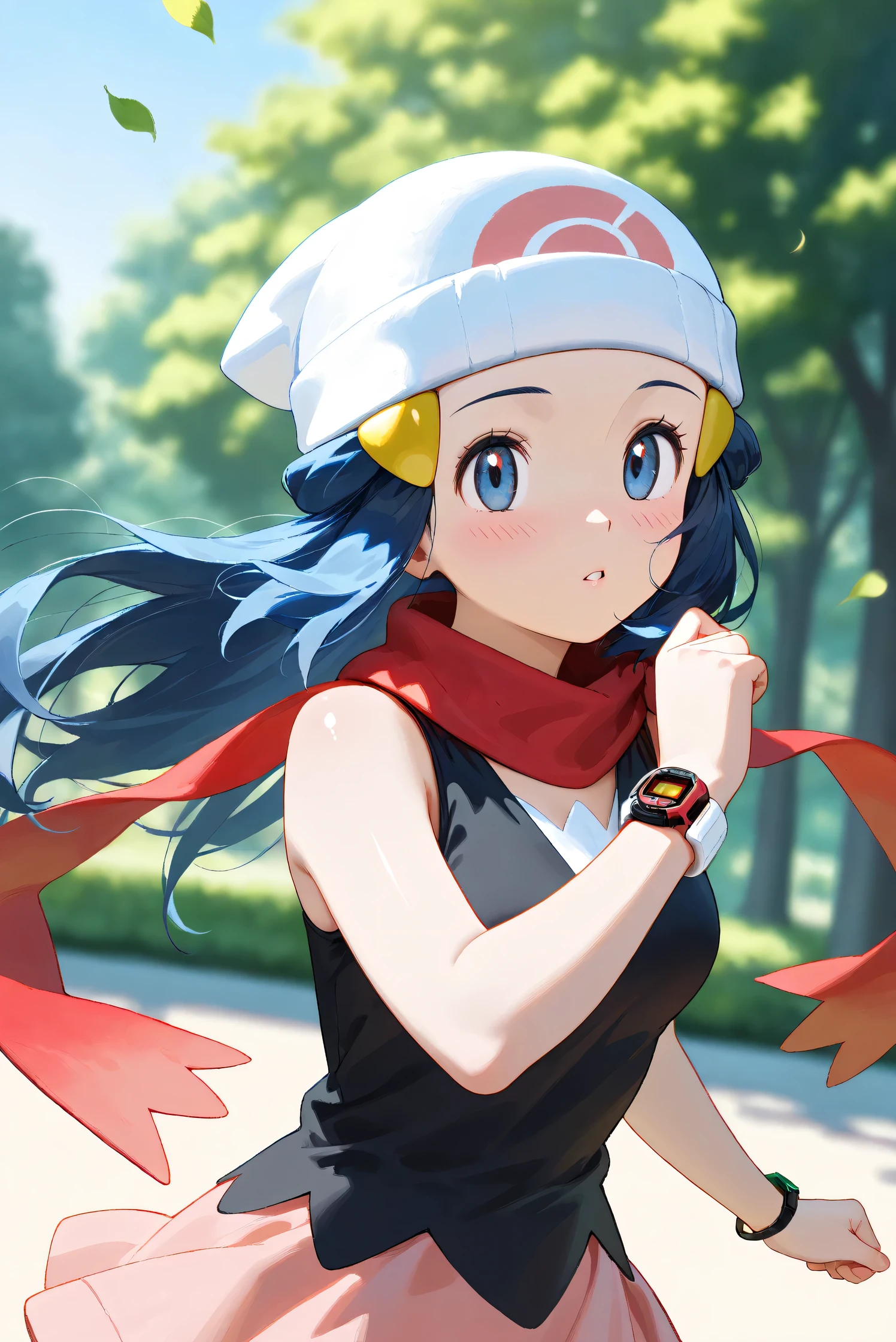 (Masterpiece), (Highest quality), (Very detailed), 
(The best shape), (Best Shadow), (Absurd), 
(Detailed background), (So beautiful), Shiny , 
Beautiful eyes in every detail, Extraordinary, Countershading, 8k, 32K, High resolution, 
Very Detailed CG, UHD,

Score_9, Score_8_up, Score_7_up, Source_anime, 
(Pastel painting:1.2), (Watercolor painting:1.2),
(Masterpiece, Detailed:1.2), (Foreshortening:1.2),

Cinematic, Dramatic, (Depth of field:1.4),
(Blurry background:1.4), (Realistic background:1.4),
(Foreshortening:1.3),Dynamic angle, 1 girl,
Outdoor, Nature, Park, Wind,

Hikari, Pokémon, Anime style,
aadawn, long hair, blue hair, beanie, white headwear, hair ornament, blue eyes, breasts, red scarf, sleeveless shirt, black shirt, wristwatch, bracelet, pink skirt,
Wristwatch on the right wrist,
(Bracelet on left wrist:1.1),

Portrait, Focus on face, (Close up shot:1.2),
(Blush:1.3), parted lips,
Shiny skin, 