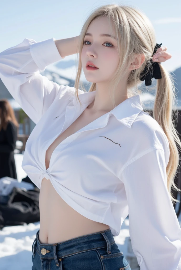 Beautiful woman with perfect figure:1.4,snow,Touching butt with both hands,snow background,Layered Hairstyle,White skin,Prominent cleavage,Pleated Skirt,whole body,Very delicate face and skin texture,Double eyelids,Skin Whitening,Long white hair