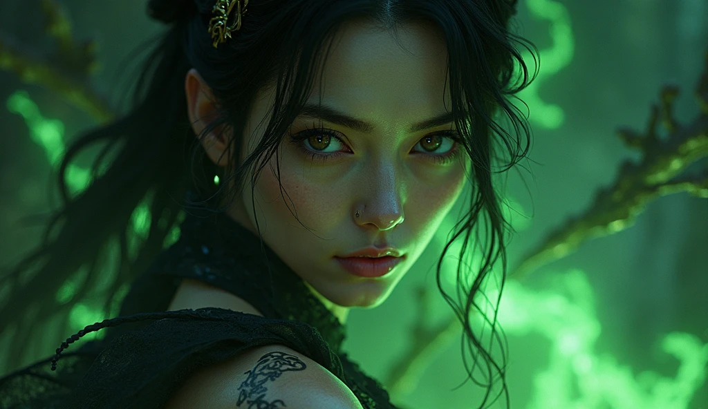 Close Sexy Woman, playing guitar, close nela, dark and elegant, of Oiran emerges from the darkness of the night, com uma beleza sublime de folhas vermelhas vibrantes dark green energy, dark green soul, dark green smoke, dark green aura surrounding her. The contrast between deep darkness and vibrant colors creates a striking visual, in ancient China Japanese climate capturing the eyes and hearts of those who contemplate it. dark green energy, Black green around her, fumaça Black green around her, tattoo on arms, green energy around her, aura of fire gold , energia, fundo verde, green fire during the dark night,  scenario war destroyed on the epic empty background , blazing green during the night lots of heavy metal green flames, Fire Black Background White line of black fire falling horizontally with a black background, preto,  dark matter , meteoros, fragments of chaos , Black flames, medieval war scenario empty face pretty face,extremely detailed,intricate details,eyes extremely detailed, high detailed eyes,16k resolution,
realistic humid skin,extremely intricate details, epic realistic ,face anatomically correct,Ultra HD,HDR,
natural skin textures, hyper realism,realistic skin texture, hyper detailed,extremely Realism,Ultra Detailed,body logically correct
