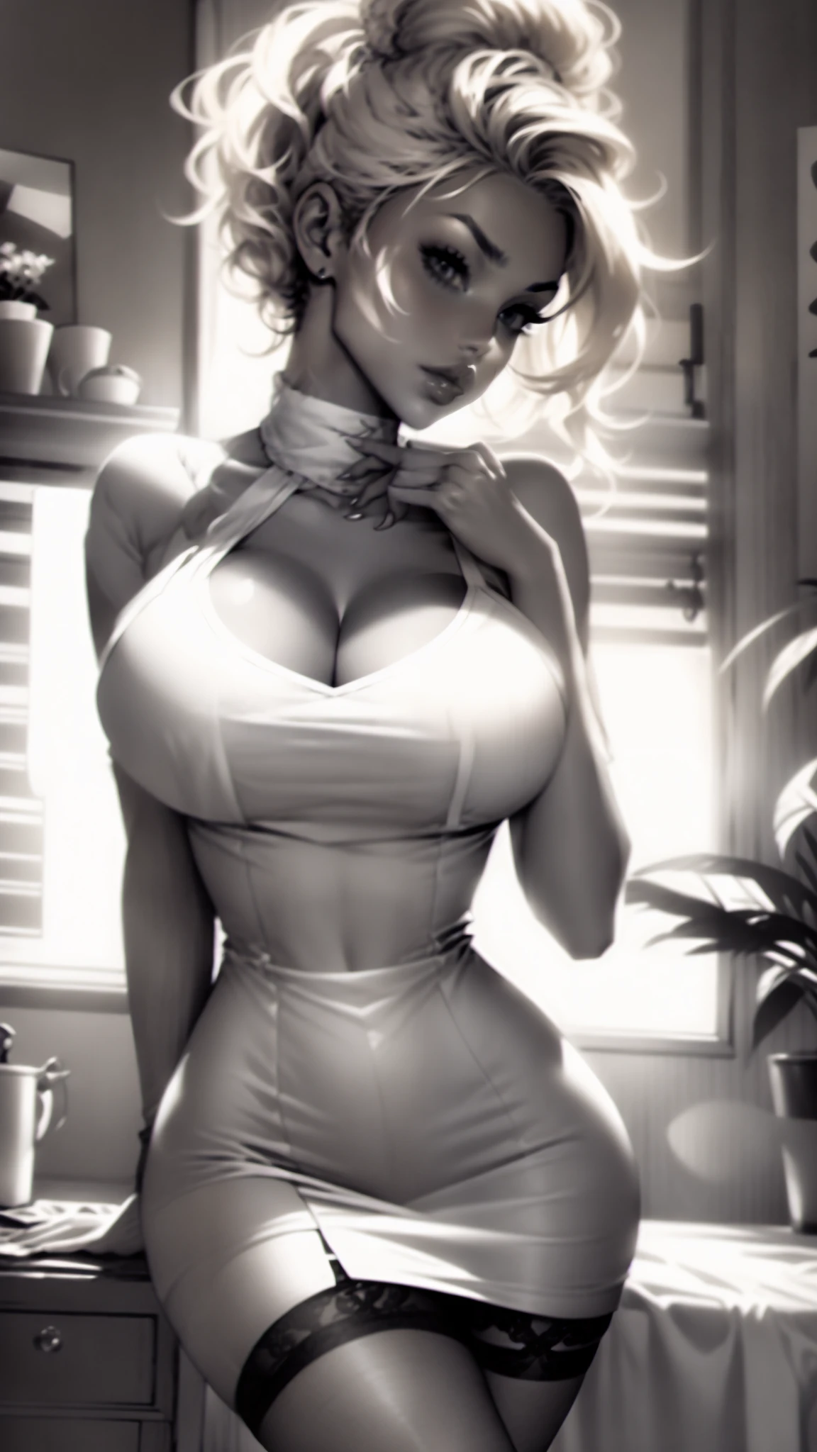 milf, 1girl, huge breasts, large breasts, curvilinear waist, curvy female, sweater shirt, high-wasted jeans pants, ripped pants, grey pants, with your hands in your pockets, loving countenncace, loving female, loving girl, cute smile, stunning female, gorgeous female, gorgeous girl, stunning girl, short hair, abs, pale skinned female, blue eyes, masterpiece, highres, amazing lightness, thick thighs, thick legs, voluptuous body, at the morning, Sunlight through the bedroom window, Flower print curtains, acoustic guitar in background, silver hair, selfie front in the glass