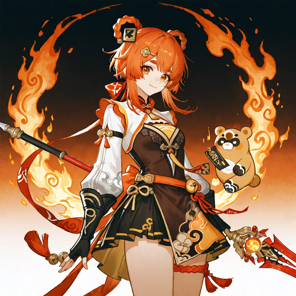Goddess, girl with orange hair and fox ear, red eyes, wearing red white orange kimono, character design sheet, simple anime style, Big Moon, fire , dynamic light, cinematic light, complicated background